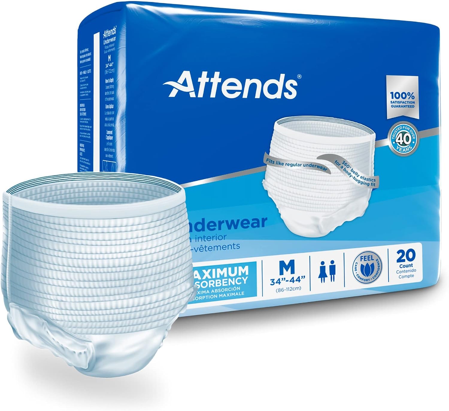 Attends Adult Absorbent Underwear, Medium, AP0720, Maximum, 80 ct | Disposable Pull-On Diapers with Tear-Away Sides and Breathable Waistband