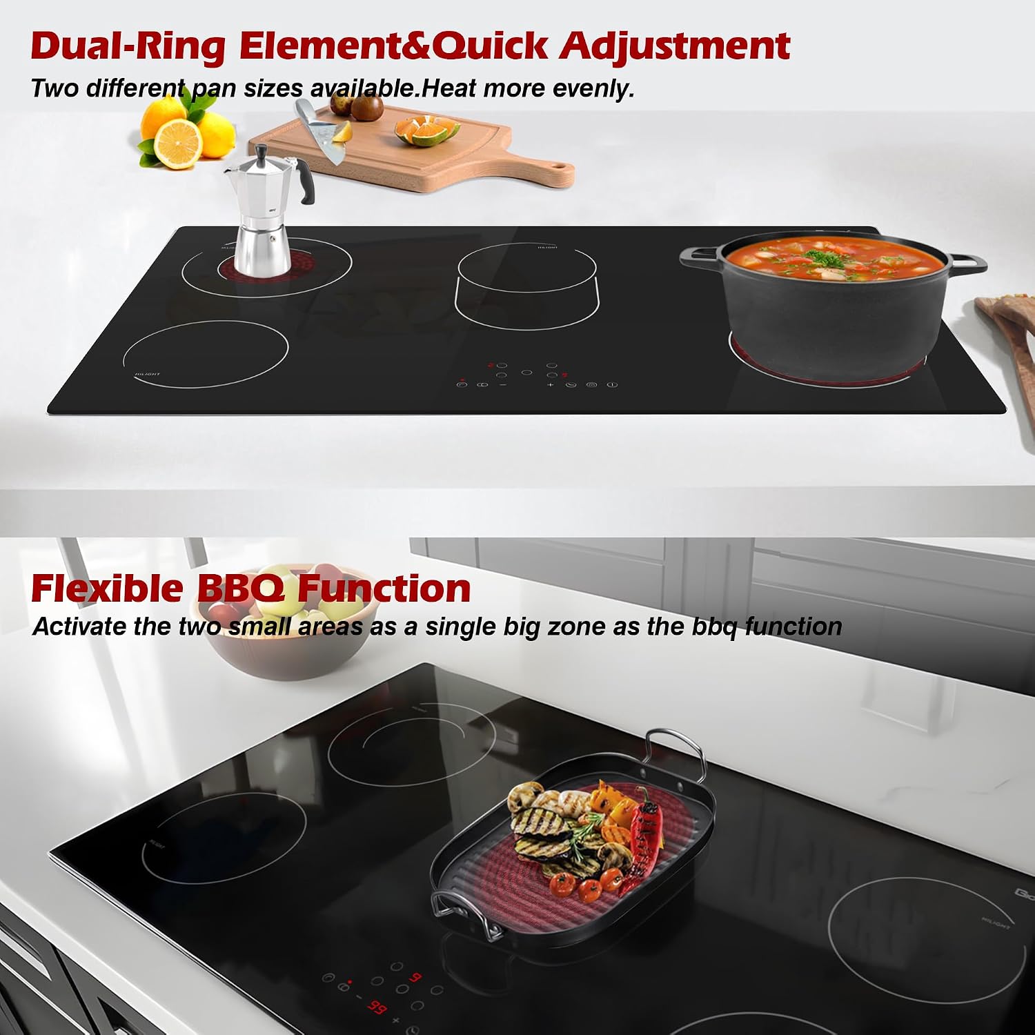 Electric Cooktop 36 Inch 5 Burners, 220~240V, Built in Electric Stove Top, 8400W Radiant Ceramic Cooktop with Hardwired, Touch Control, Child Lock