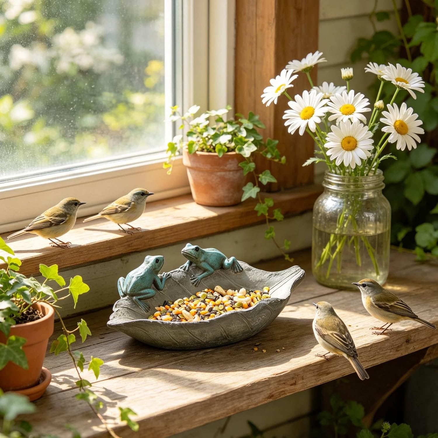 Bird-Feeder Wild Bird-Bath Bowl Outdoors - Garden Decor Polyresin Birds on Leaf 12.4 * 7.5 * 4.1 Inch-Newman House Studio