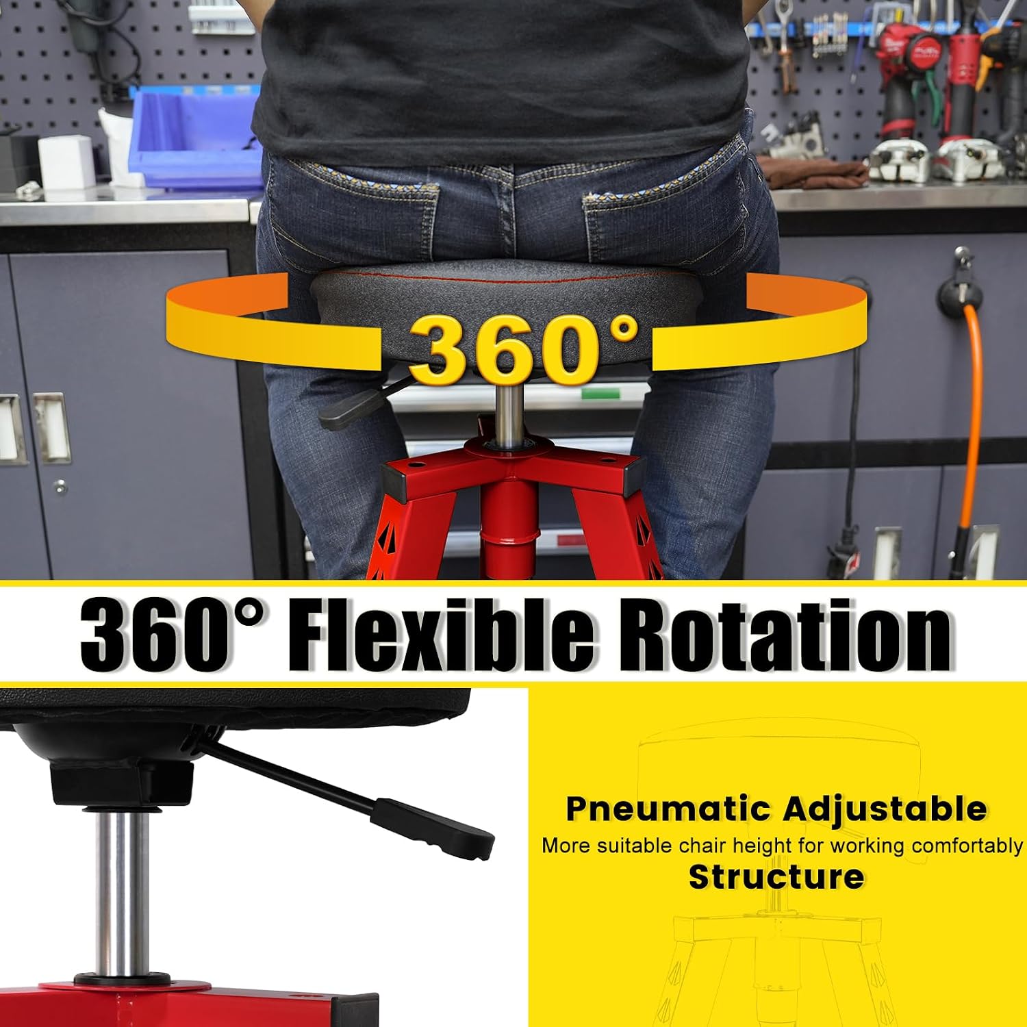 Adjustable Shop Stool,Garage Mechanic Stool Chair,Work Seat for Workshop, Adjustable Height, 360° Swivel Padded Square Seat,Tool Storage, 350 LBS Capacity, Heavy Duty, Blue
