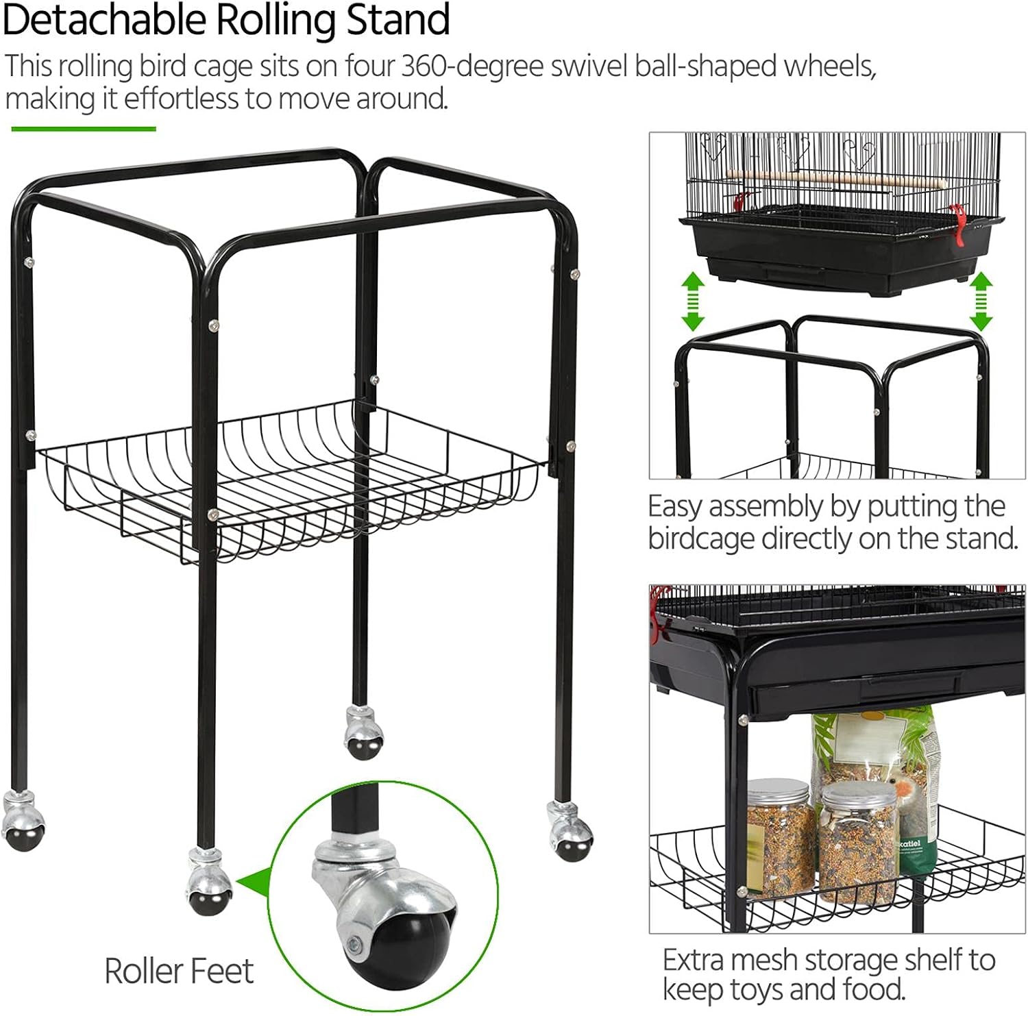 Yaheetech 64'' Open Top Bird Cage for Parakeets & Cockatiels, Black | Detachable Rolling Stand, Easy-clean Slide Tray, Multi-door Access, 3/8" Bar Spacing, Indoor/Outdoor Use