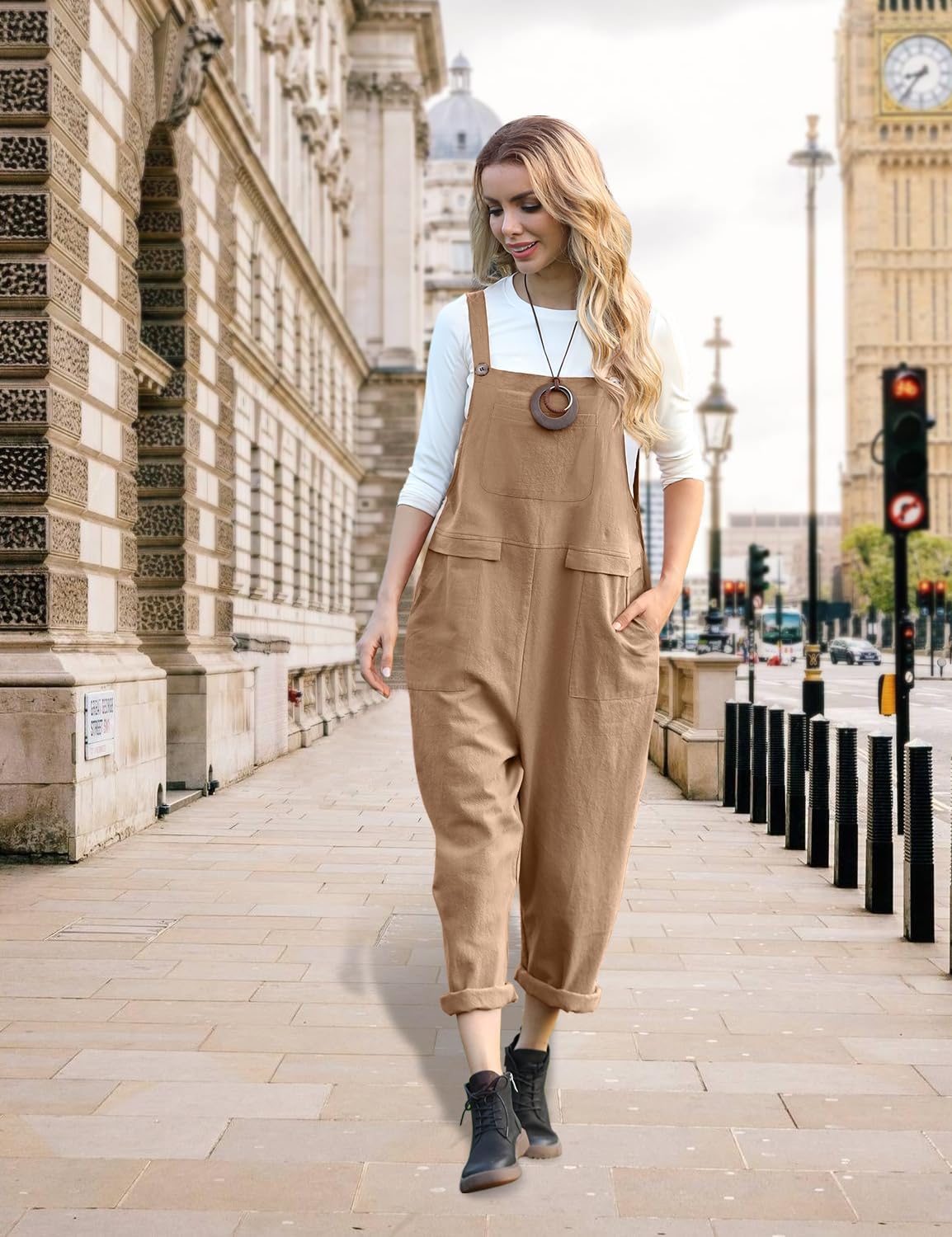YESNO Women Long Casual Loose Bib Pants Overalls Baggy Rompers Jumpsuits with Pockets PV9