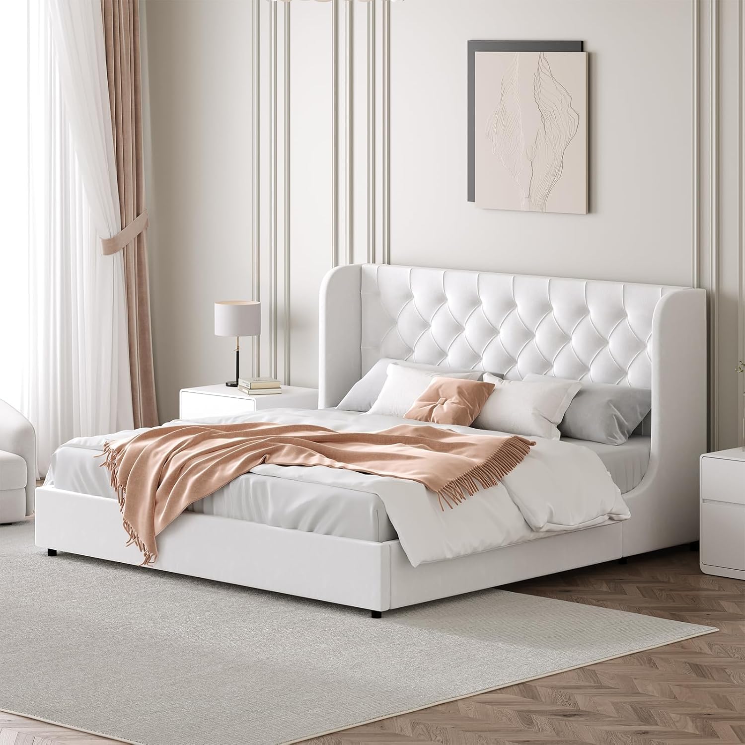 HOMBCK Full Size Bed Frame with Headboard, Upholstered Platform Bed, White | Velvet Tufted Curved Wingback/Wooden Slats Support/No Box Spring Needed/Noise-Free/Easy Assembly