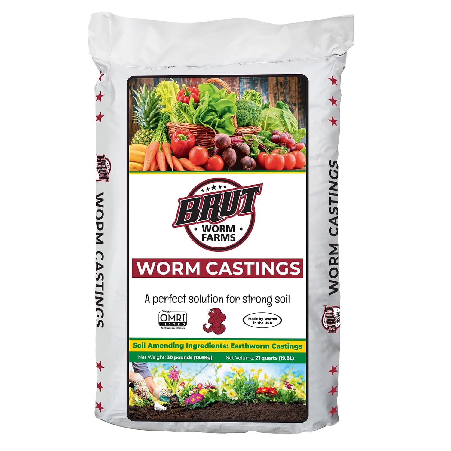 Brut Worm Farms Organic Worm Castings, Natural Fertilizer for Plants, 30 lb | Mineral-Rich Potting Mix Additive & Plant Food for Indoor Outdoor Plants, Compost, Soil Health & Garden Growth