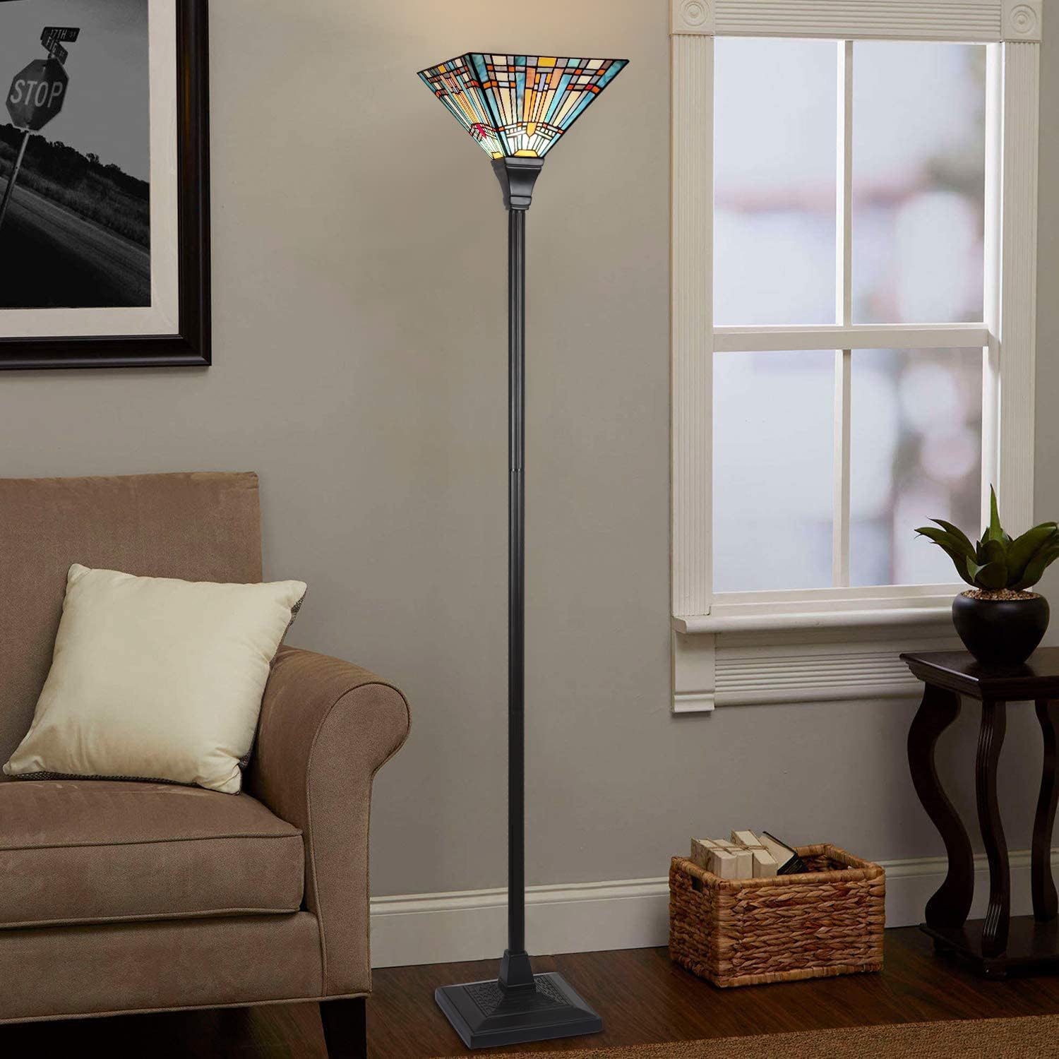 Tiffany Torchiere Floor Lamp Handcrafts Mission Stained Glass Torch Light