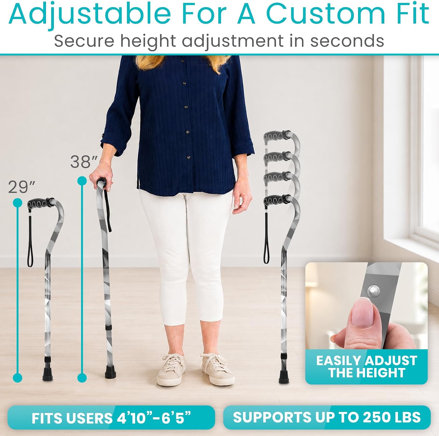 Vive Walking Cane for Women, Men, Elderly - Patented Offset Grip - Lightweight Adjustable Walking Aid with a Non-Slip Tip - Sturdy Balancing Mobility Aid for Seniors
