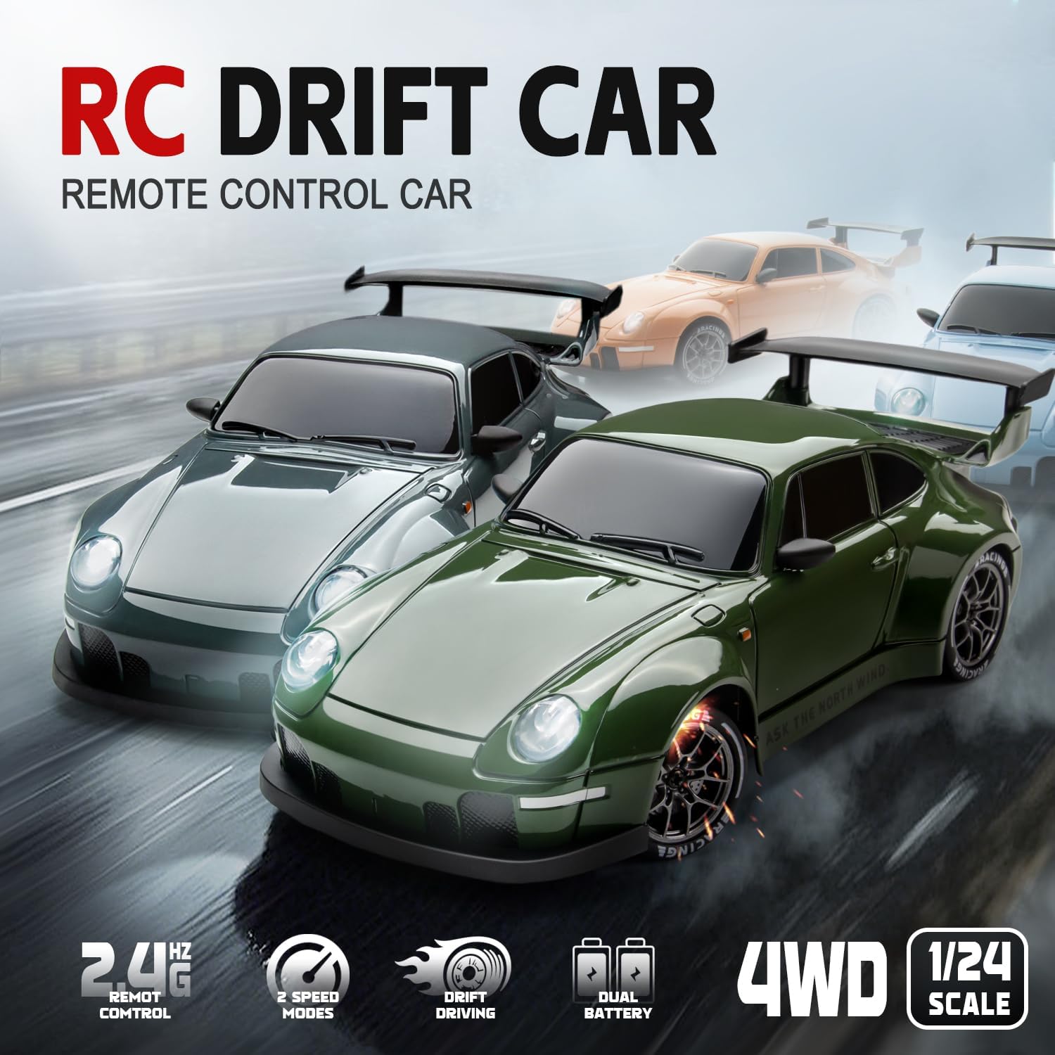 RC Drift Car Purple Racing Livery 1/24 Remote Control Car for Adult | 20KM/H 4WD Low/High Speed RC Cars with LED Lights, Extra Drifting Tires, Vehicle for Kids Boys Girls Beginners Indoor Outdoor