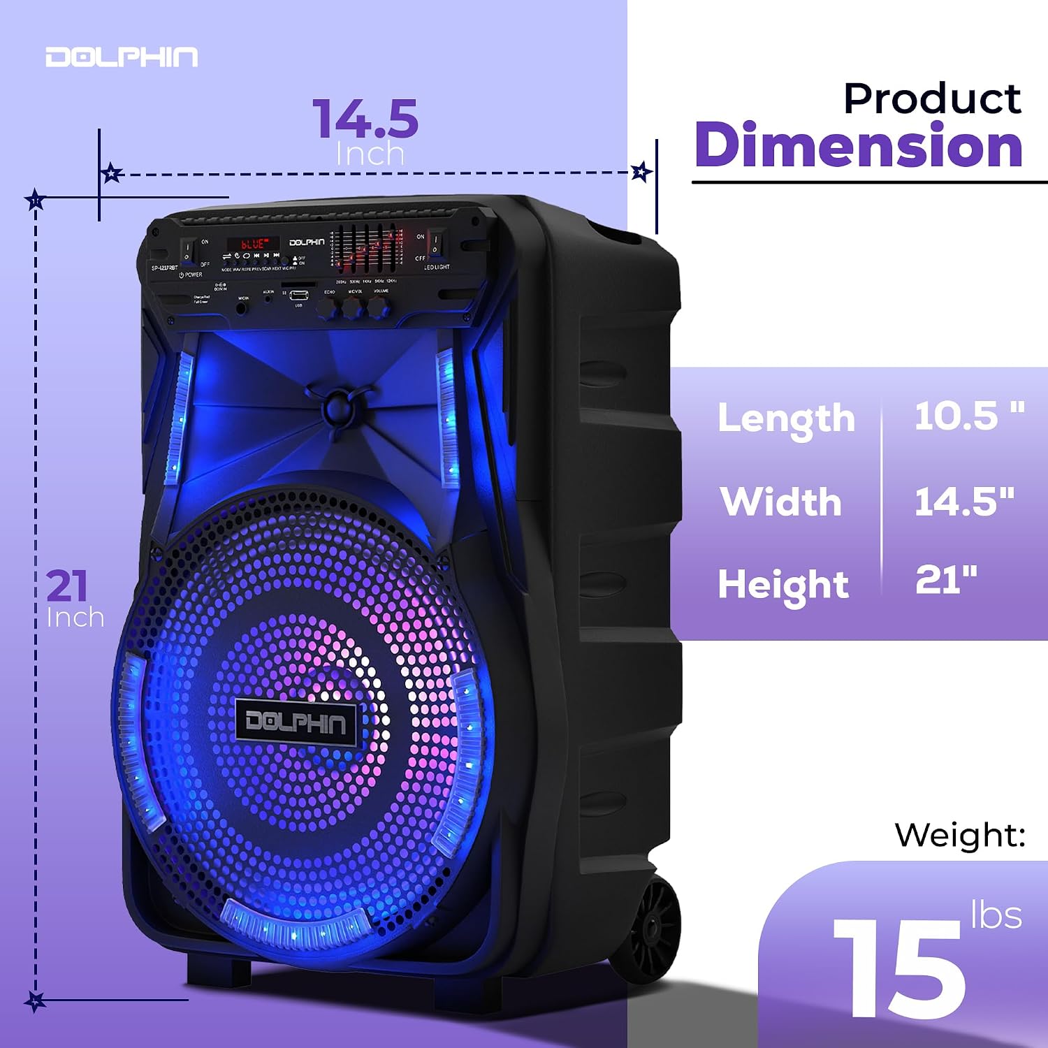 Dolphin Large Bluetooth Party Speaker with Trolley & Wheels, 12" Woofer | WaveSync Pairing, 5-Band EQ, Piezo Tweeter, USB, SD, FM & AUX Inputs