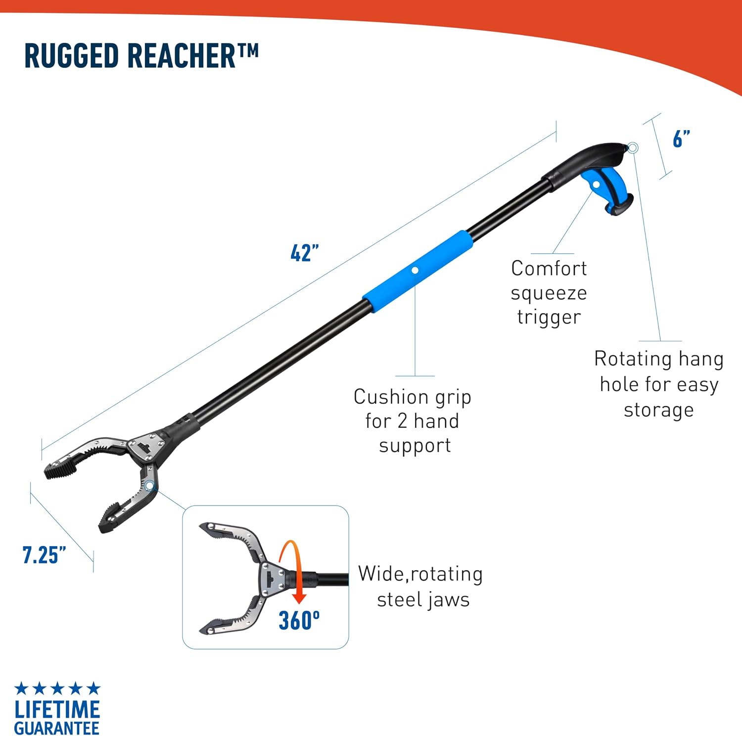 Unger Professional 42.5” Rugged Reacher Grabber Tool with Rotating Head, Outdoor Trash Picker Upper, Heavy Duty Claw Pickup