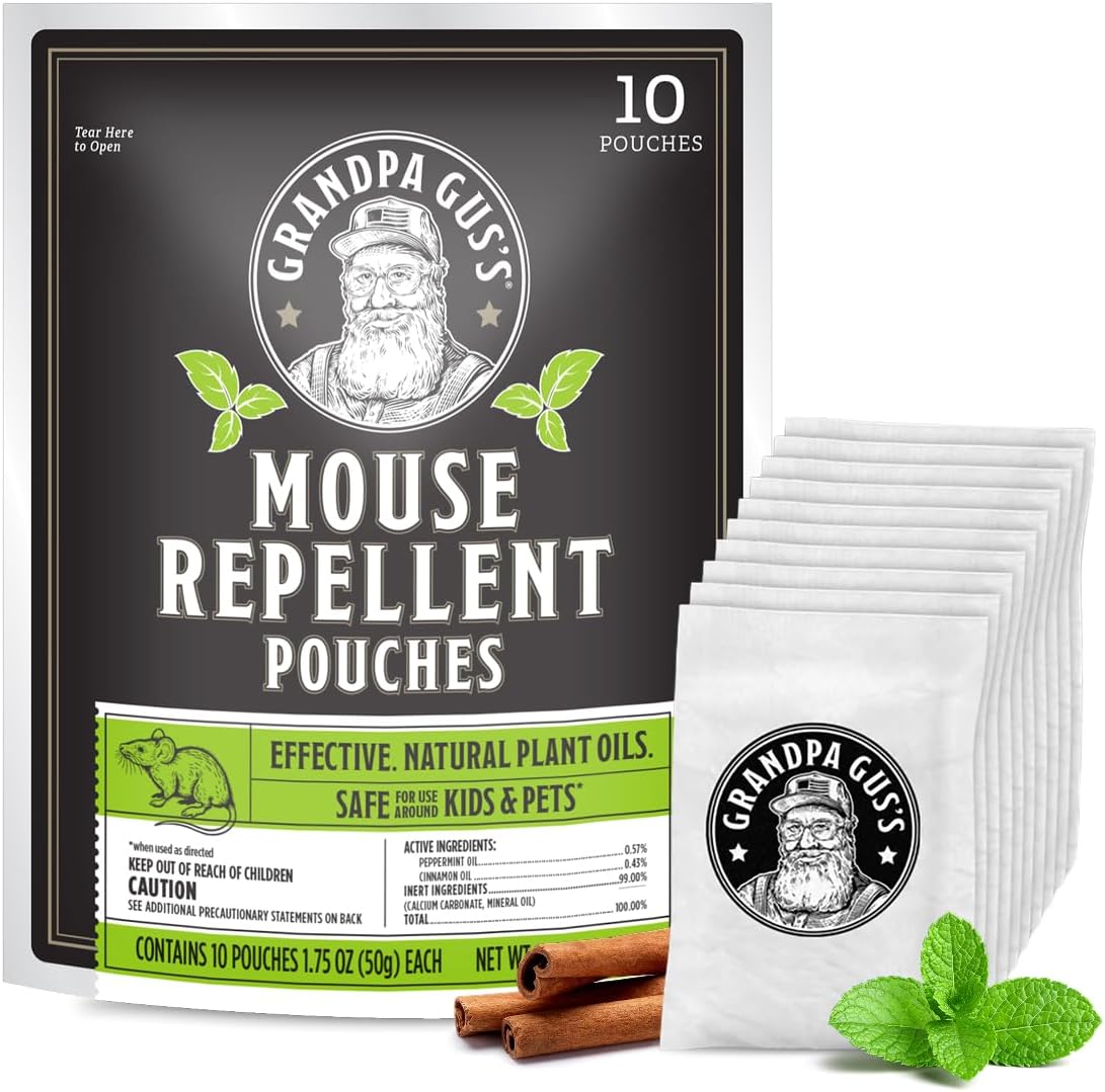 Grandpa Gus's Mouse Repellent Pouches, Natural Peppermint Oil, 4 Pouches | Cinnamon & Peppermint Oil Helps Repel Mice from Nesting in Home/Cabin/Boat/Car Storage/RV/Machinery/Shed, Kid & Pet Safe