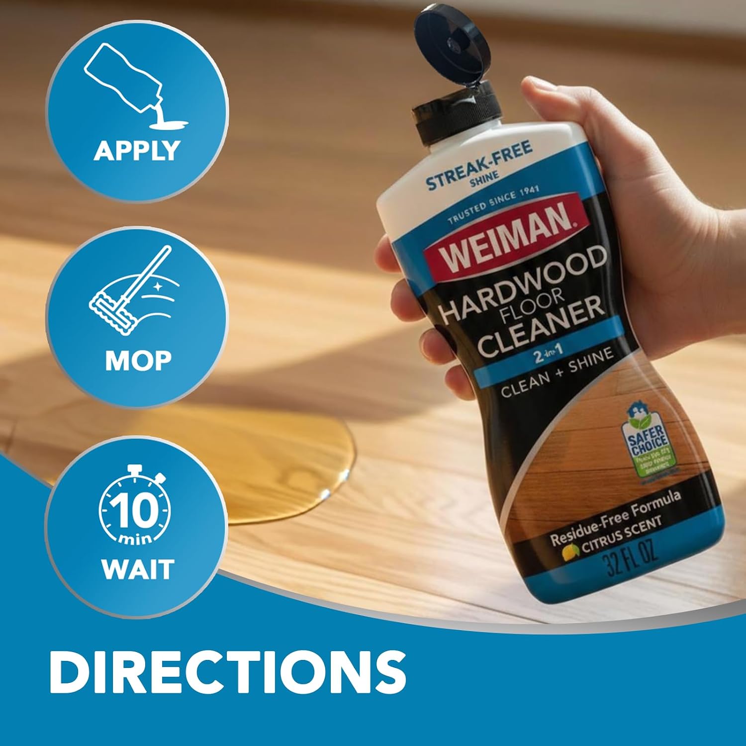 Weiman Hardwood Floor Cleaner for Finished Hardwood, Engineered Flooring, Vinyl & Laminate Surfaces - Streak-Free Shine, No Residue - 32 oz (2 PACK)