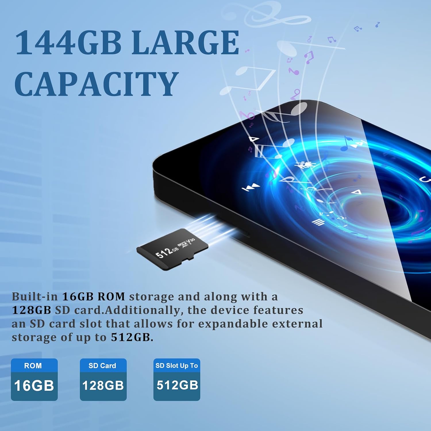 144GB MP3 Player, Bluetooth 5.2 Music Player, HiFi Sound Digital Music, Built-in HD Speaker, FM Radio, Voice Recorder, Earphones Included
