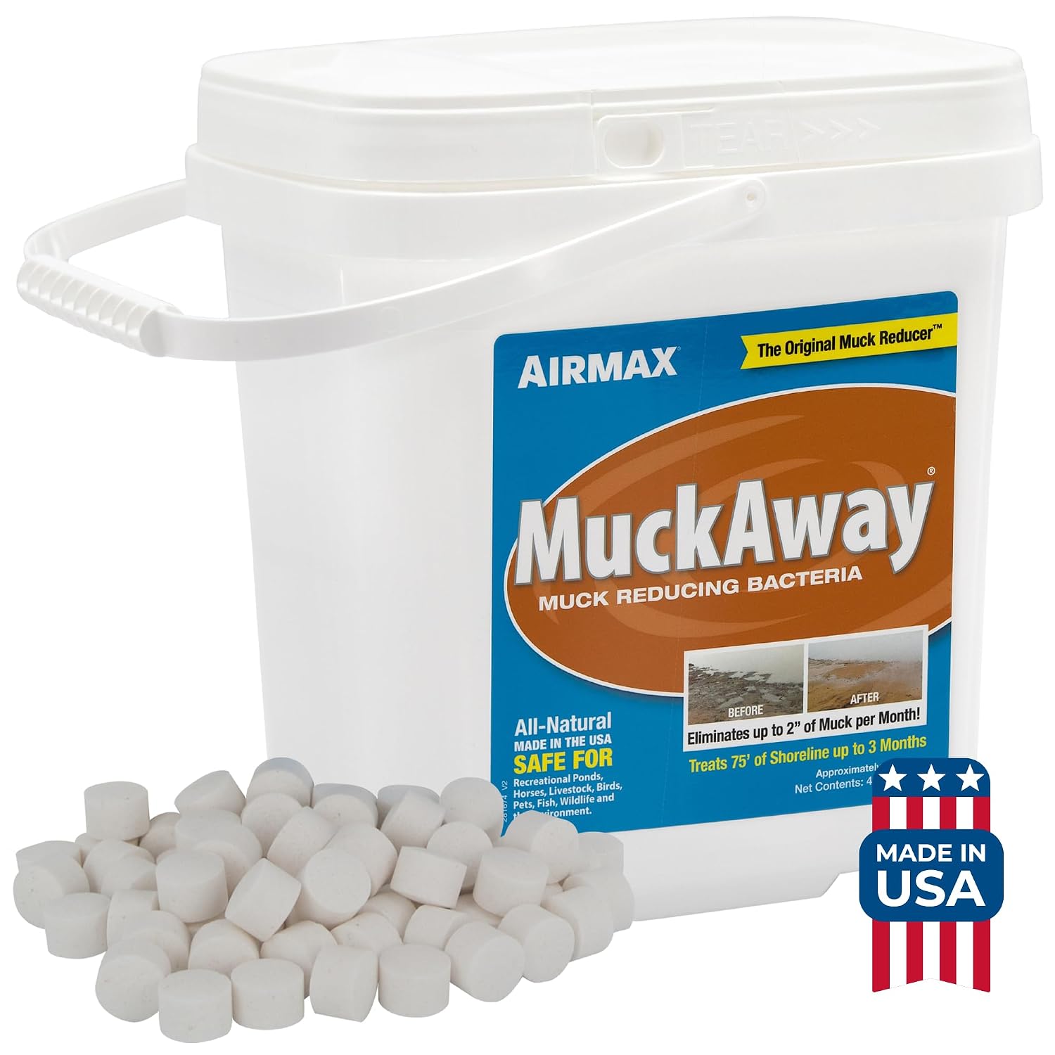 Airmax MuckAway Bacteria Enzyme Tablets for Ponds & Lakes, 16 Scoops | Natural beneficial bacteria muck, sludge & noxious odor solution for cleaner beaches & shorelines; fish, pet & wildlife safe