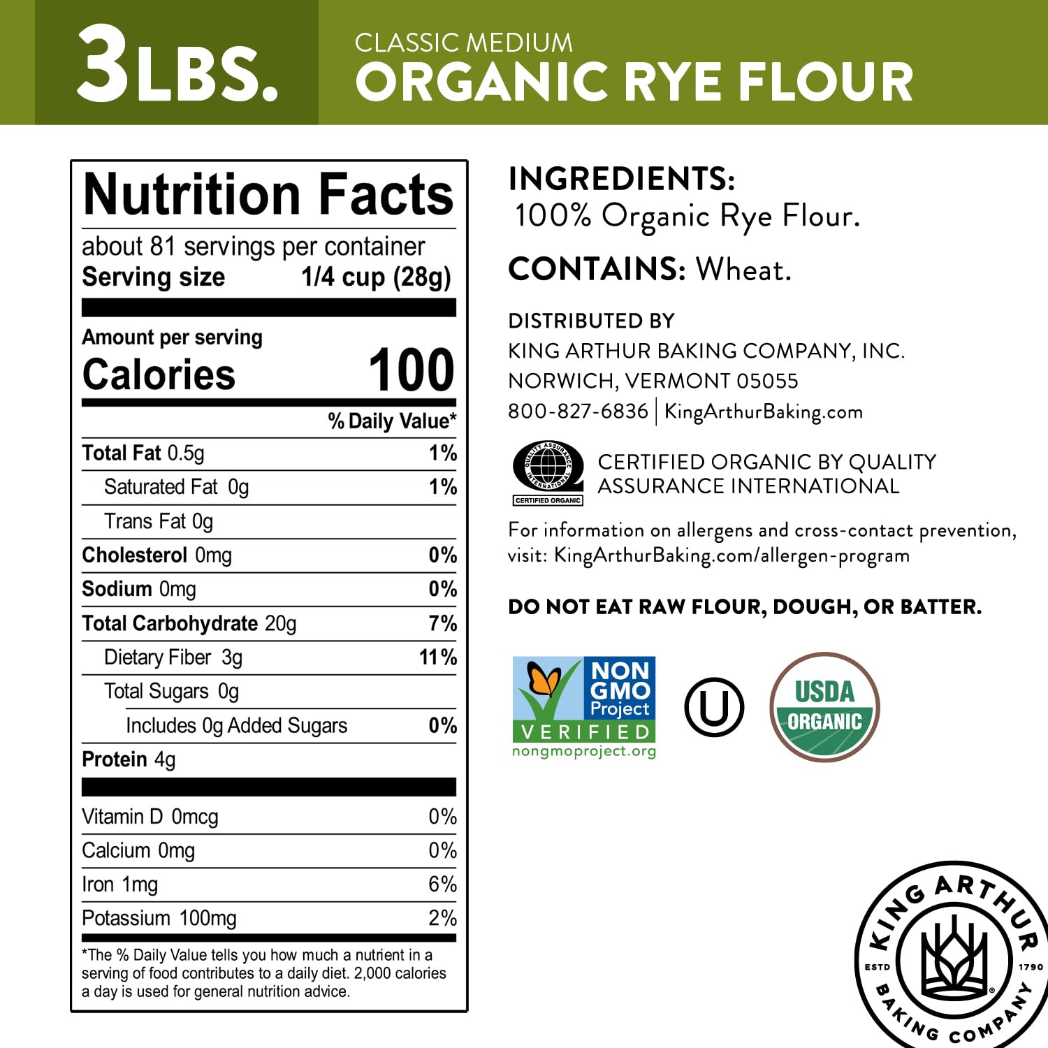King Arthur Organic Medium Rye Flour - 3 lbs for Complex Flavorful Breads & Baked Goods - 100% US Grown & Milled - Non-GMO Project Verified - Robust