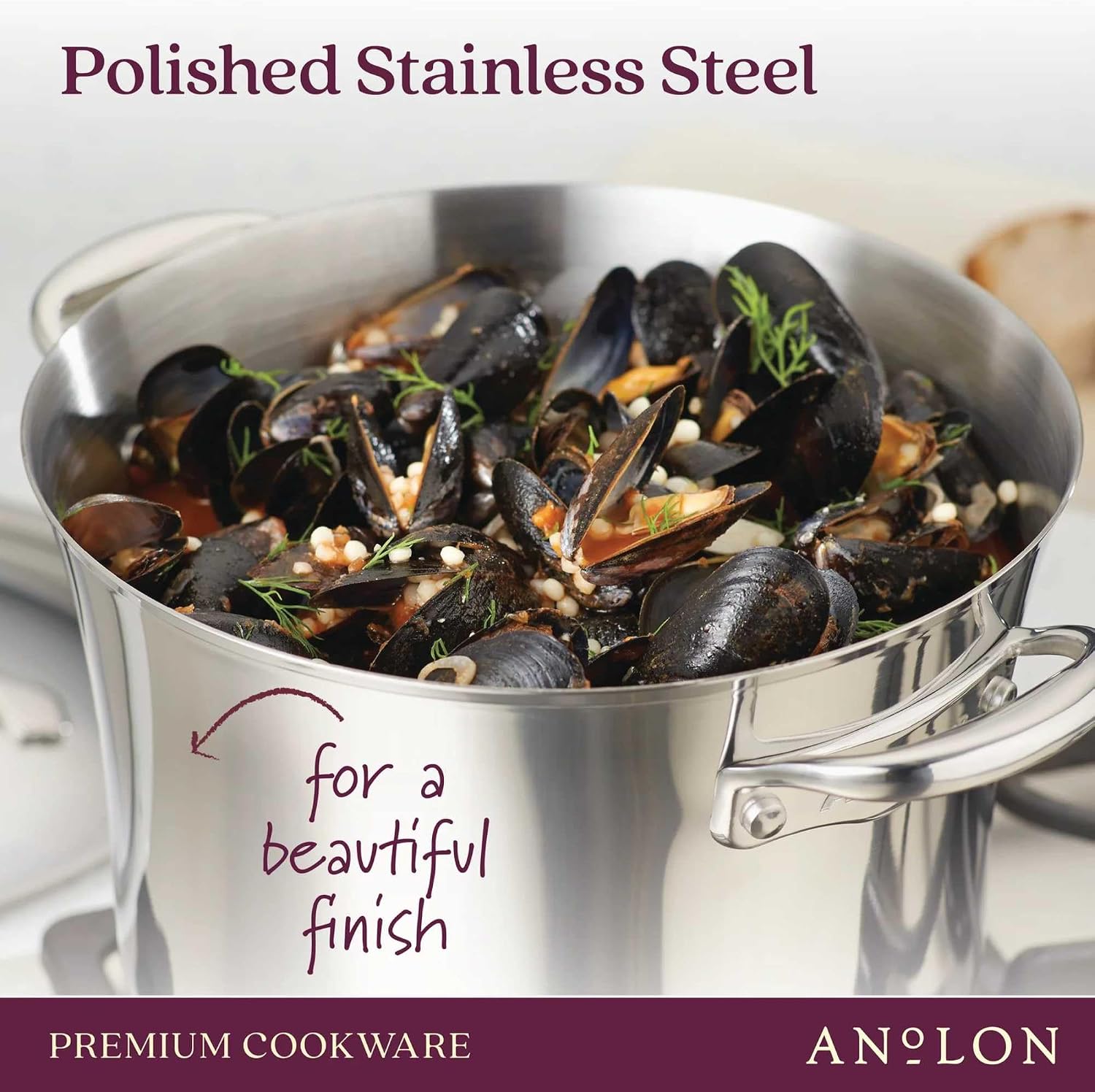 Anolon Nouvelle Stainless Steel Cookware Pots and Pans Set, 10 Piece | Stainless Steel Cookware Set with Lids, Oven Safe to 500°F, Durable Everyday Cooking, Dishwasher Safe