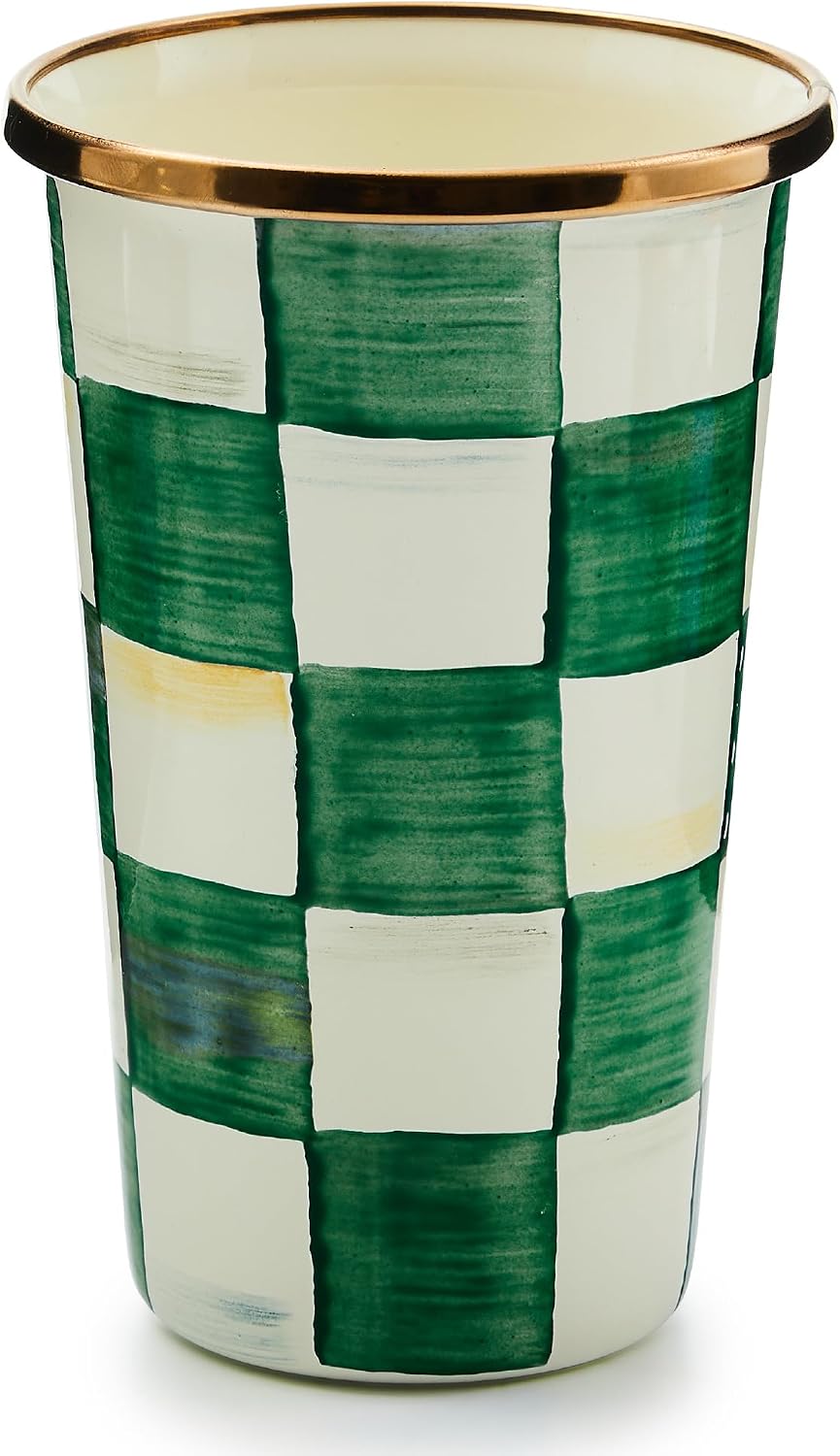 MACKENZIE-CHILDS Enamel Tumbler, Black-and-White Courtly Check | Hand-painted design, elegant drinkware with gold rim, 2.75" dia. x 4.5" H, 10-ounce capacity