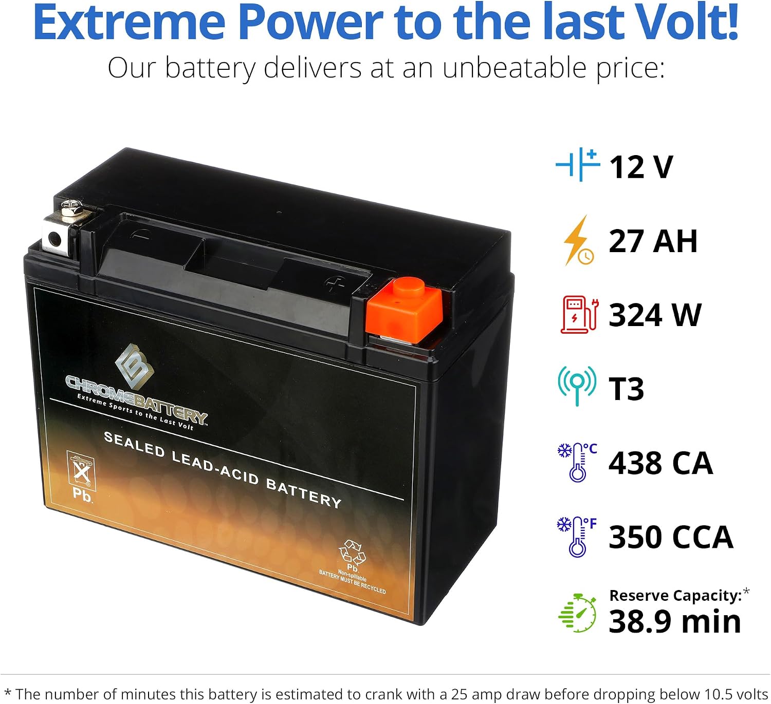 CB CHROMEBATTERY YTX30L-BS 12V 385 CCA AGM – Maintenance-Free 30Ah Battery for Harley, ATV, UTV, Snowmobile, Jet Ski – T3 Nut & Bolt Terminal – Fits Harley Touring, Polaris Sportsman 850