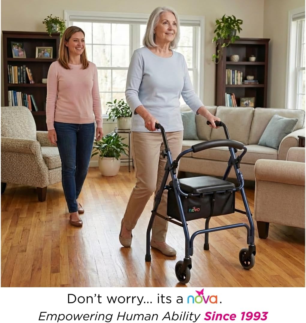NOVA Cruiser 2 Lightweight Rollator Walker for Beginning Gait Training, 11 lb Foldable Rolling Walker with Seat, Stable Support for Early Mobility