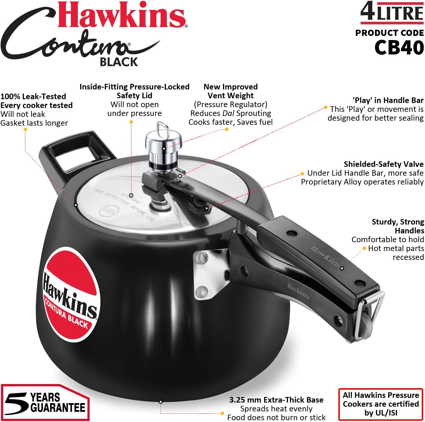 Hawkins 3.5 Litre Contura Black Pressure Cooker, Hard Anodised Inner Lid Cooker, Handi Cooker, Black (CB35)