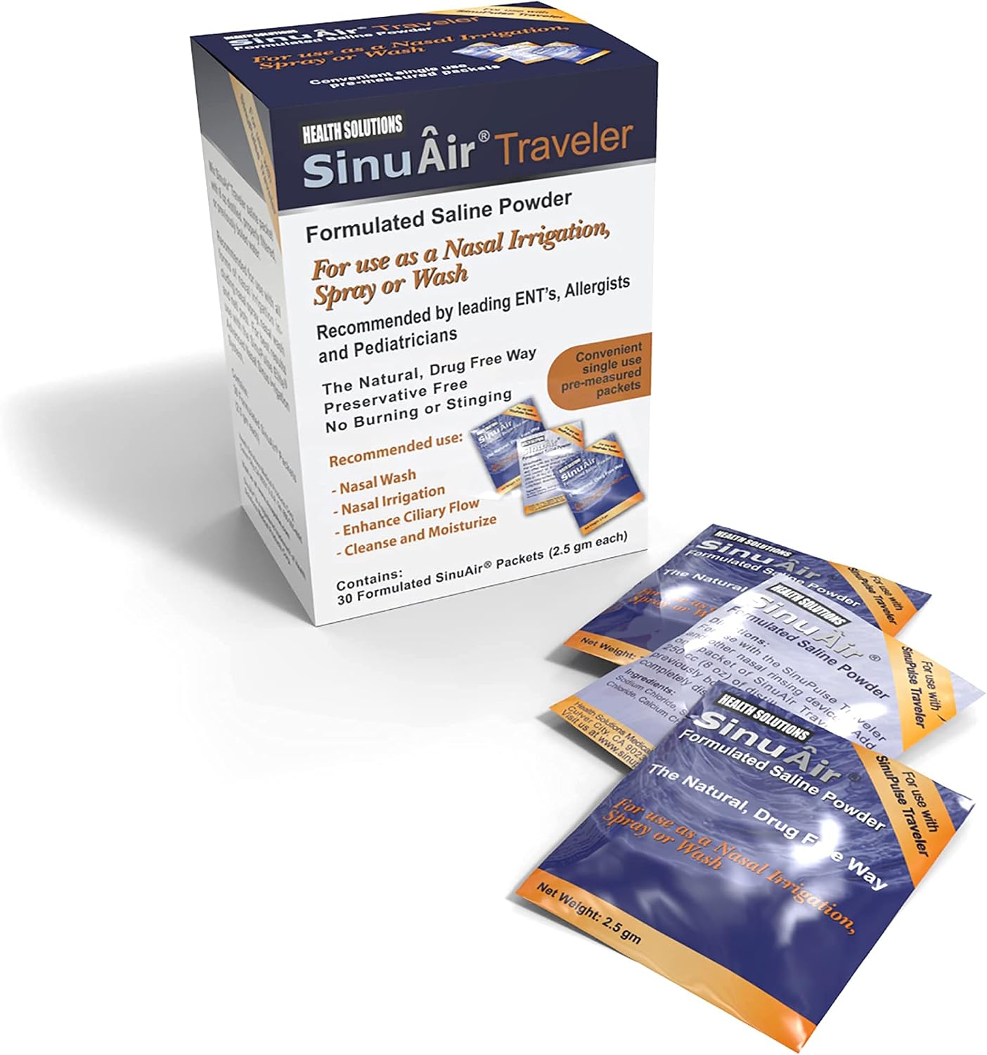 SinuAir Traveler Saline Packets - Sodium Chloride with Potassium & Calcium, Salt Solution Powder Refill Packs for Nasal Irrigation Machine