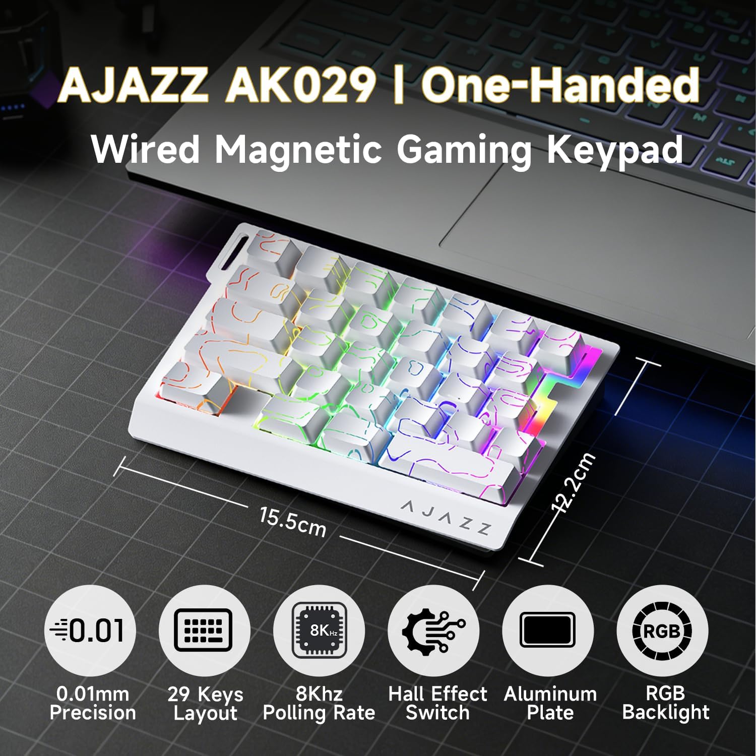 AJAZZ AK029 Wired One-Handed Hall Effect Mechanical Gaming Keypad, 29 Keys | Magnetic Switch, Rapid Trigger, 8KHz Polling, SOCD/DKS, RGB Backlit, Web Driver Customizable, Portable, Black Gray