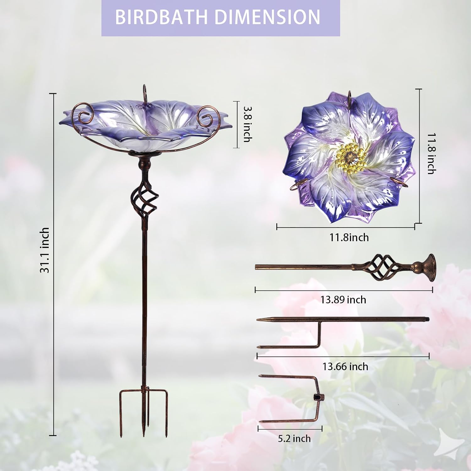 VCUTEKA Glass Bird Bath Outdoor Birdfeeder with Metal Stake Garden Decor