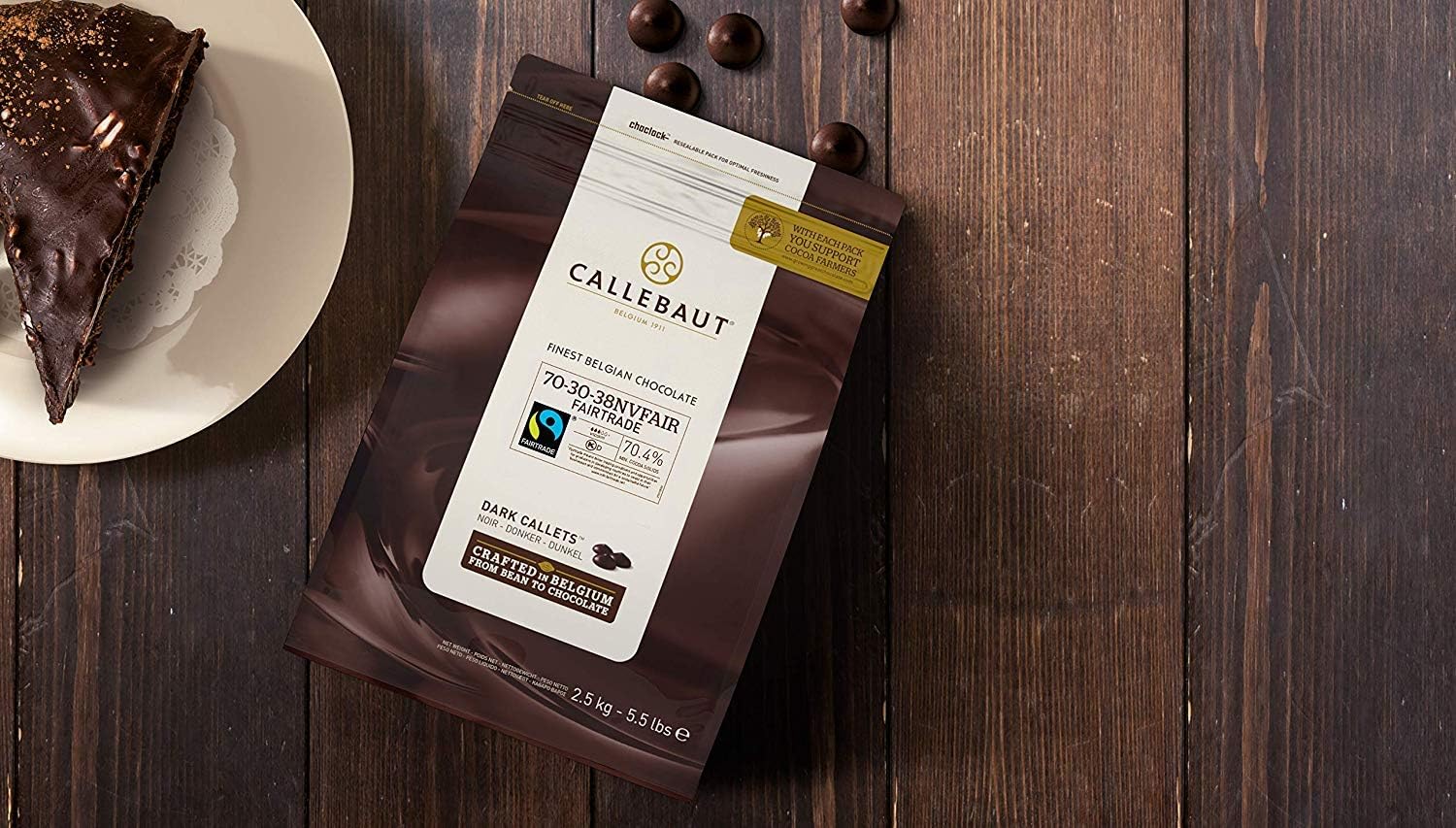 Callebaut Recipe No. 70-30 Finest Belgian Dark Chocolate Callets 2.5kg Bag | 70.5% min dry cocoa solids, 38.9% fat