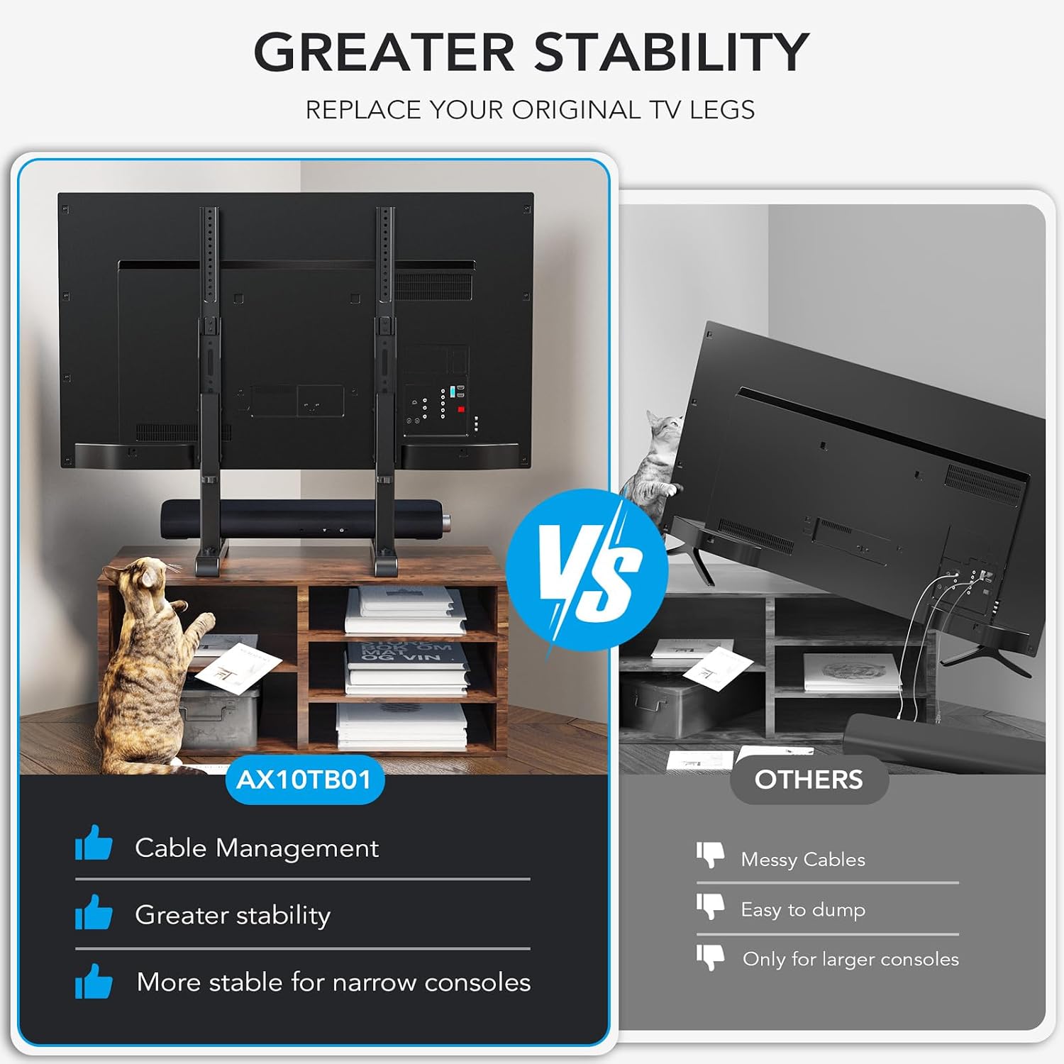 Table Top TV Stand with Height Adjustable TV Legs Replacement for Most 37-86 Inch Flat Curved TVs