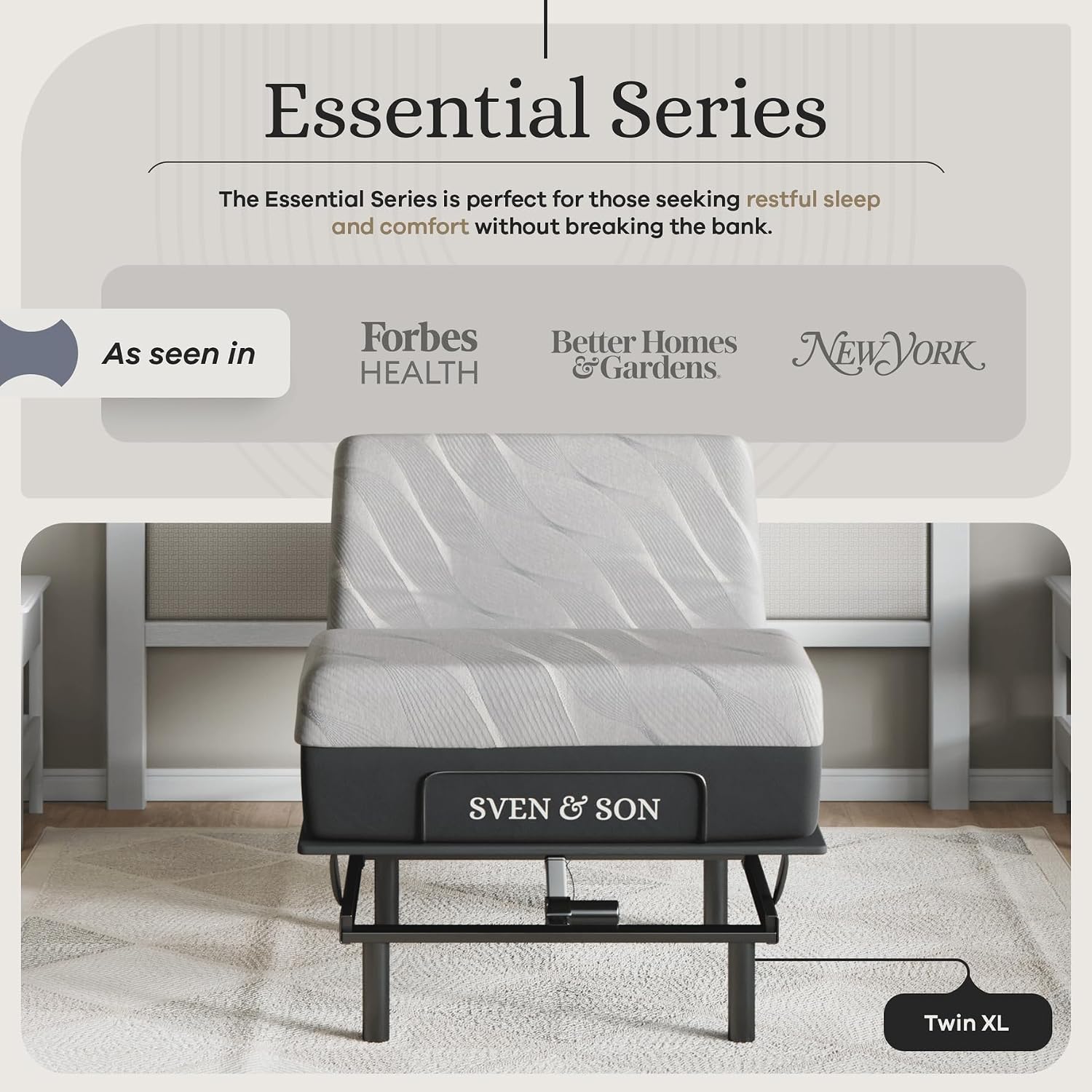 Sven and Son Essential Adjustable Bed Base (Frame) + 12 inch Memory Foam Matt (Medium), Easy Assembly, Head and Foot Lift, Memory Positions