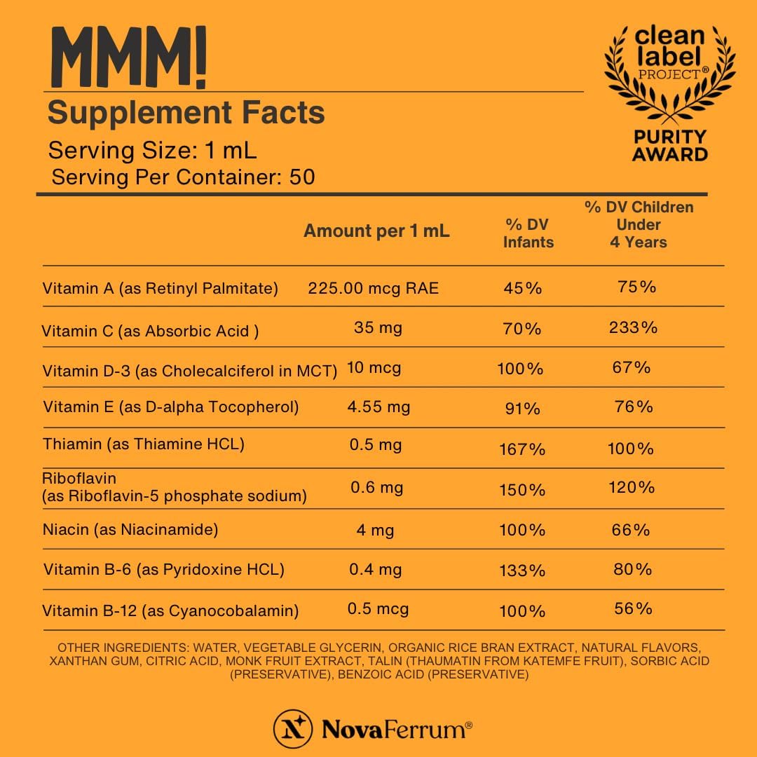 NovaFerrum MMM | Multivitamin for Kids, Infants and Toddlers | Vitamin C, D3, E | Gluten Free Certified | Sugar Free | No Artificial Colors | Ages 4 & Under | Orange Flavored | 2 Fl Oz (50 mL)