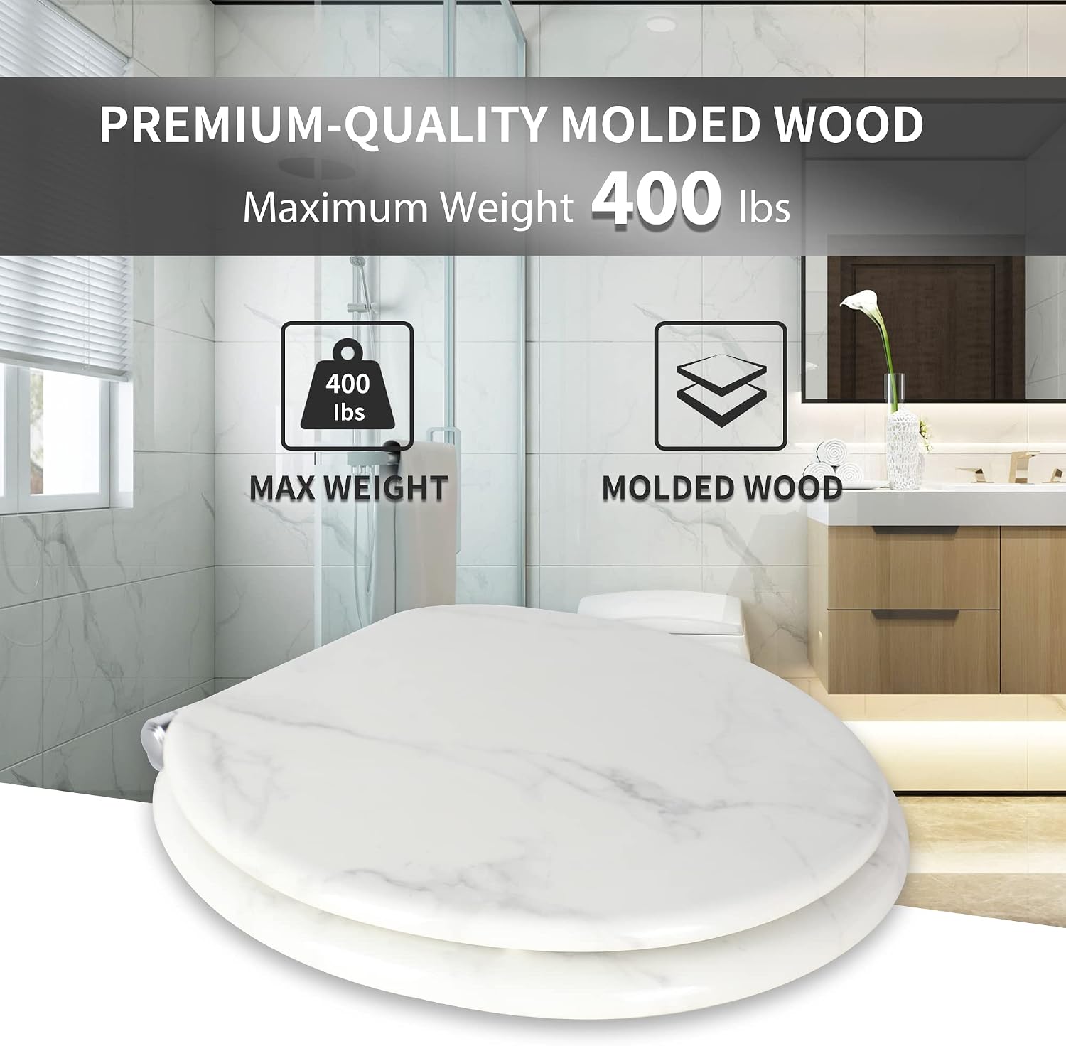 Angel Shield Marble Toilet Seat Durable Molded Wood with Quiet Close,Easy Clean，Quick-Release Hinges (Elongated,Black Marble)