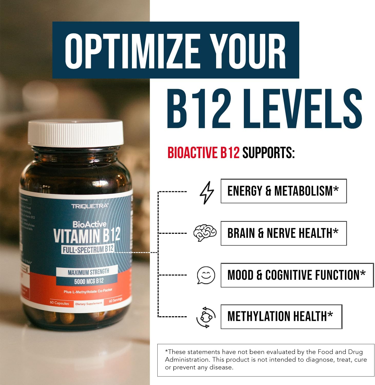BioActive Vitamin B12 5000 mcg | 3 BioActive Forms Plus Methylfolate Cofactor - Methylcobalamin, Adenosyl & Hydroxy | Sublingual Liquid Drops