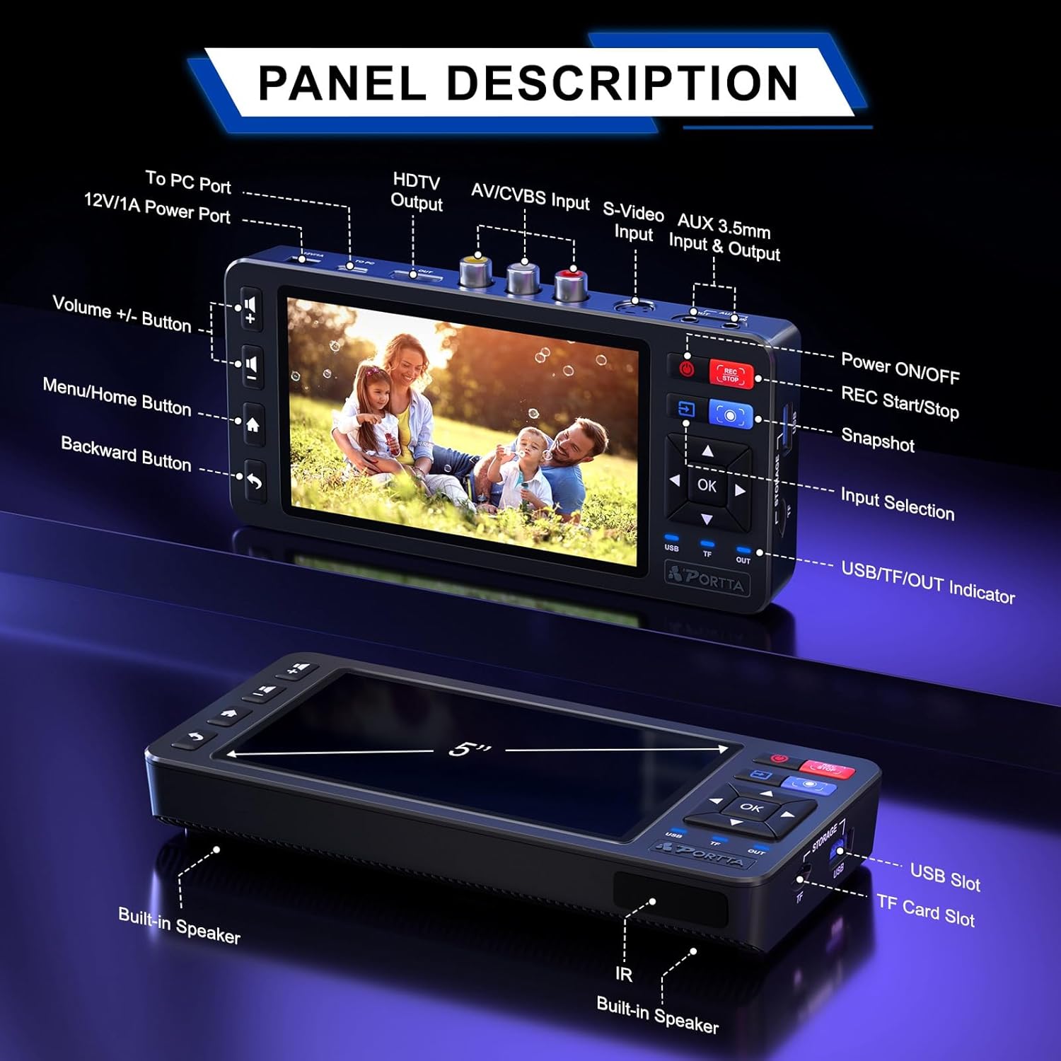 Portta VD20P VHS to Digital Converter with 5" HD Screen, Video Capture Recorder Convert to MP4 Compatible with VHS, VCR, DVR, DVD, Hi8, Mini DV