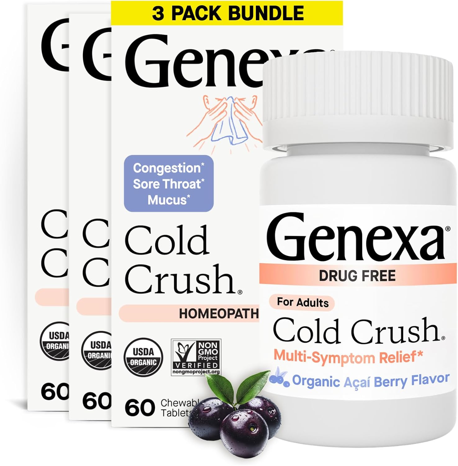 Genexa Cold Crush, Drug Free & Made Clean, 60 Chewable Tablets for Adults | Dye Free, 0% Artificial Additives, Non-GMO, Gluten Free, Homeopathic Cough, Cold, Sore Throat Relief, Acai Berry Flavor