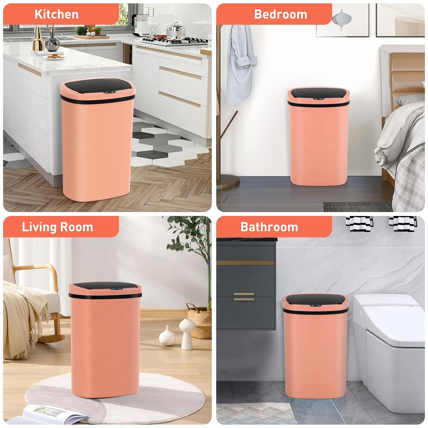 13 Gallon Touch-Free Automatic Stainless-Steel Trash Can Garbage Can Metal Trash Bin with Lid for Kitchen Living Room Office Bathroom, Electronic Motion Sensor Automatic Closure & Opening