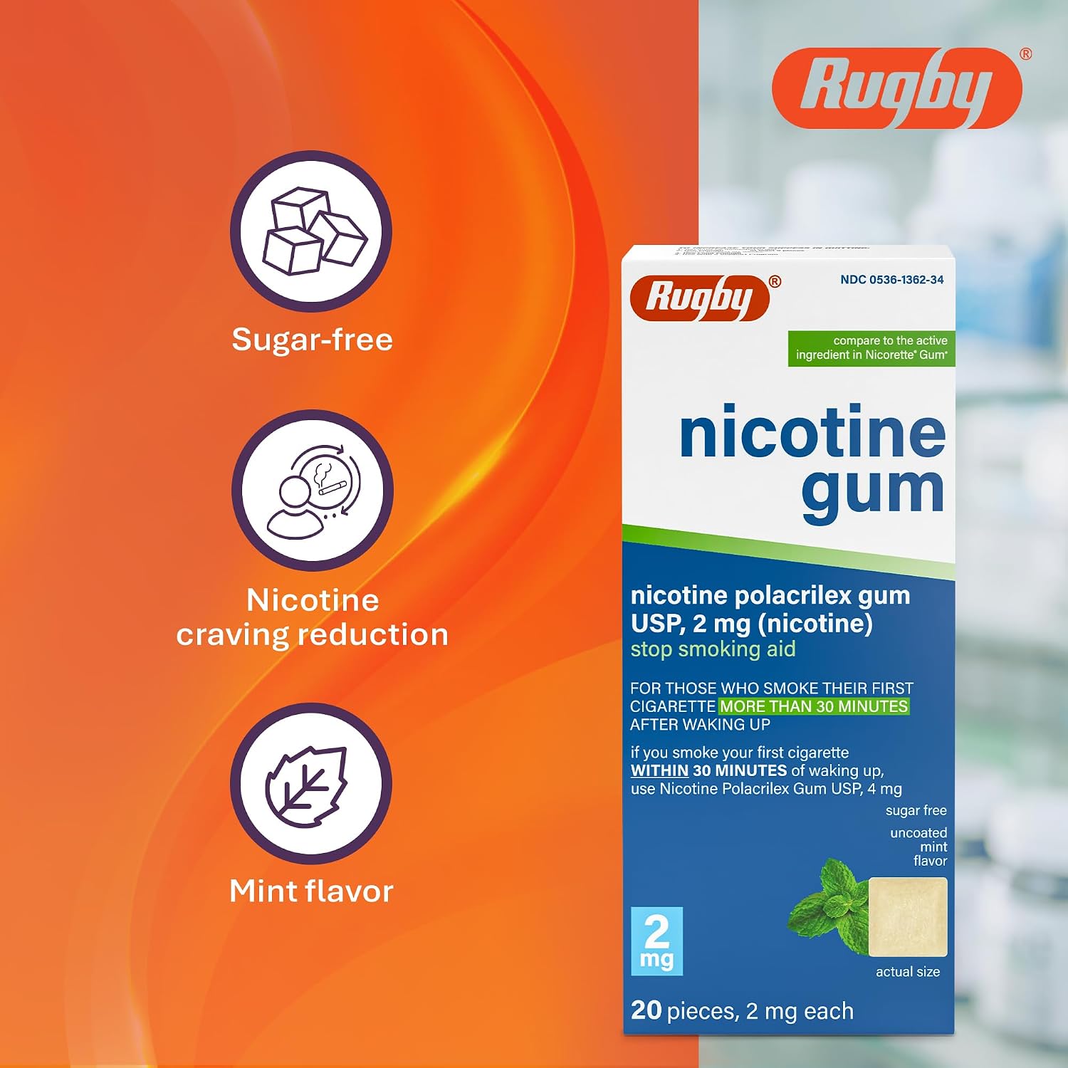 Rugby Polacrilex 2mg Nicotine Gum, Uncoated Mint Flavor, 20 Count (1-Pack) | Sugar-Free Stop Smoking Aid