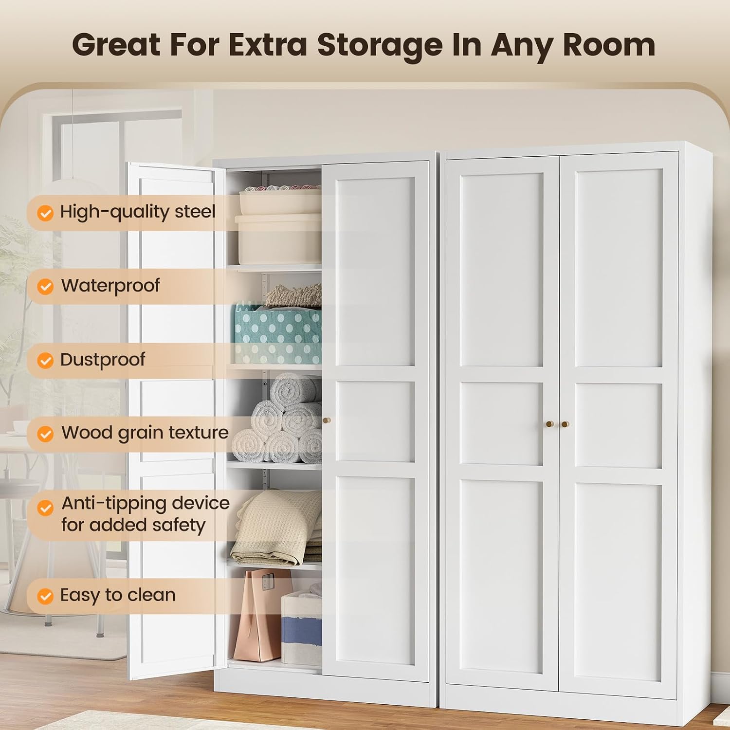 Metal Storage Cabinet with 2 Doors and 4 Adjustable Shelves - 61" White Kitchen Pantry Storage 5-Tier Tall Steel Cabinets Locker for Kitchen, Living Room, Dining Room