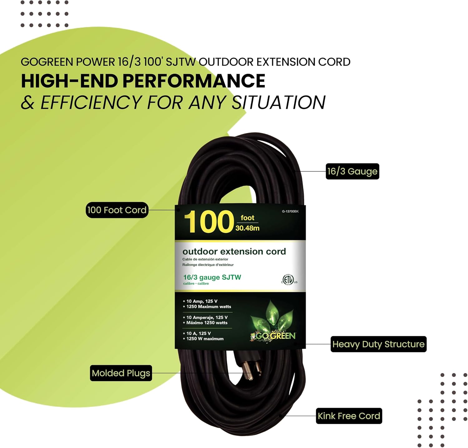 Go Green Power Inc. (GG-14025) 12/3 SJTW Outdoor Extension Cord, Lighted End, 25 ft