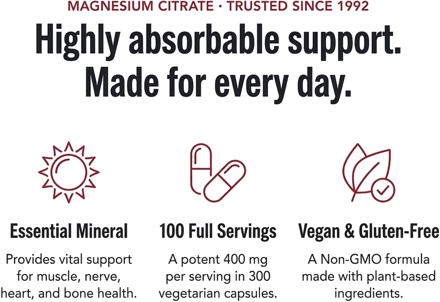 Olympian Labs Magnesium Citrate 400mg - 300 Capsules - Easy Absorbable, Supporting Healthy Bones, Healthy Heart and Calcium Absorption
