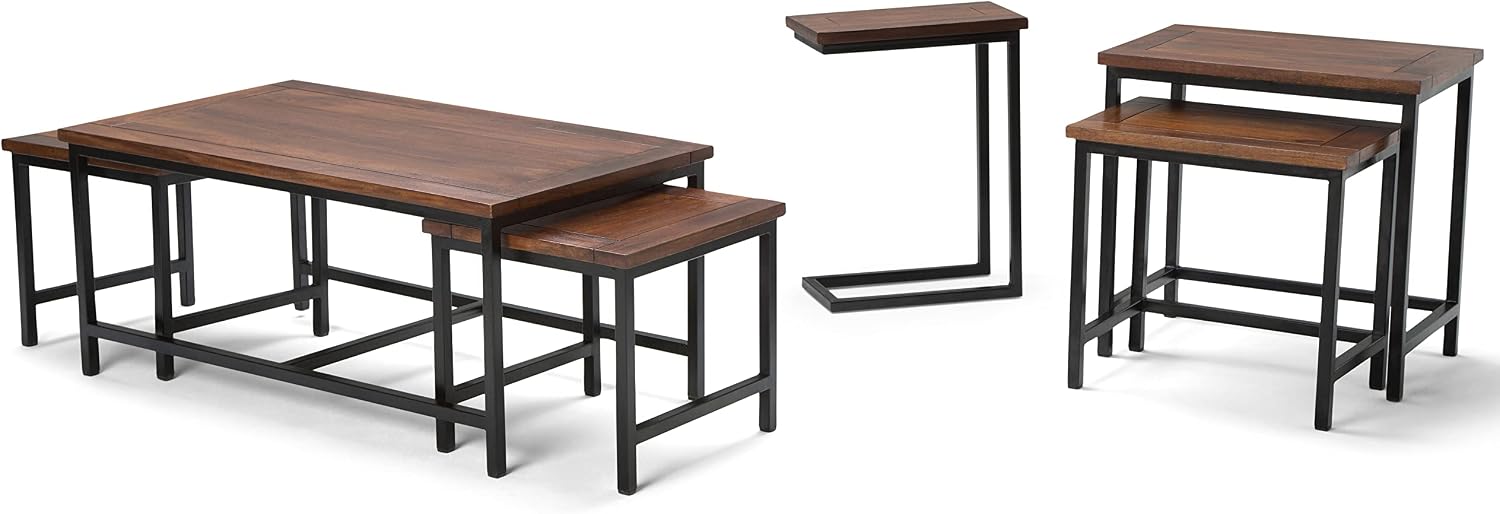 SIMPLIHOME Skyler 18" Wide Solid Wood C-Side End Table in Dark Cognac Brown | Industrial slide-under accent table with open frame, assembled; perfect for living rooms as a side table or sofa table.