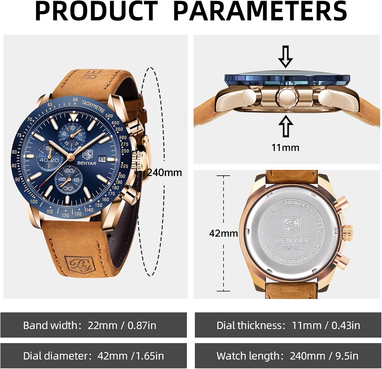 BENYAR Watch for Men Analog Quartz Chronograph Waterproof Luminous Designer Mens Wrist Watches Business Work Sport Casual Dress Watch with Silicone Strap Elegant Gifts for Men