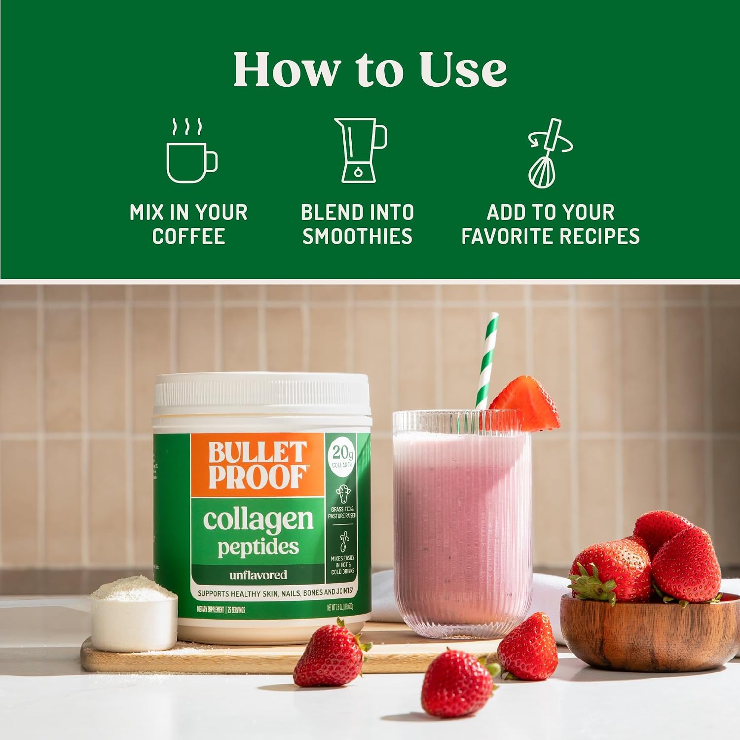 Bulletproof Unflavored Collagen Peptides Protein Powder, 17.6 oz | 20g Grass-Fed Pasture-Raised Collagen Protein and Amino Acids for Skin, Bones and Joints