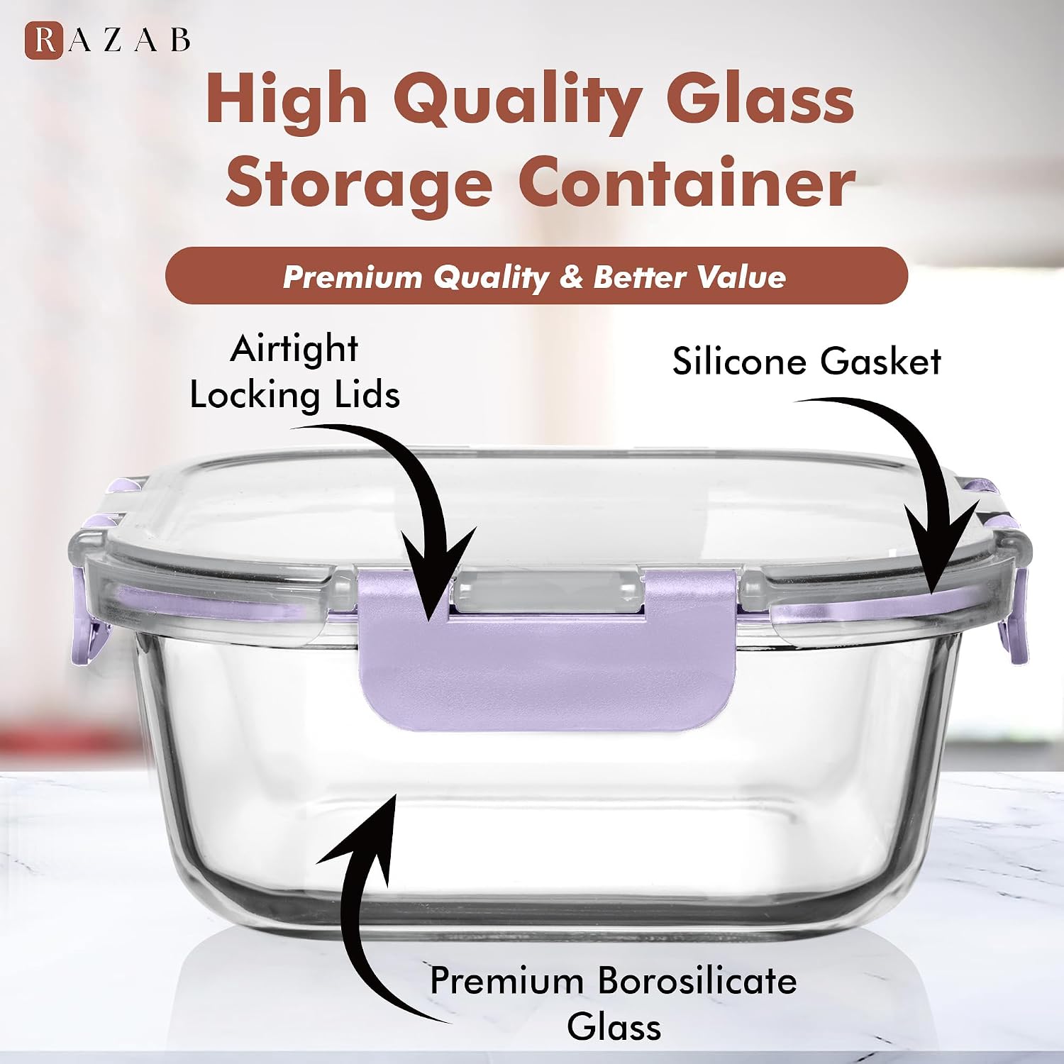 Razab 2 PC 1200ML / 41 Oz Glass Food Storage Containers with Lids - Airtight & Leakproof - Microwave/Oven/Freezer Safe - BPA Free - Ideal for Meal
