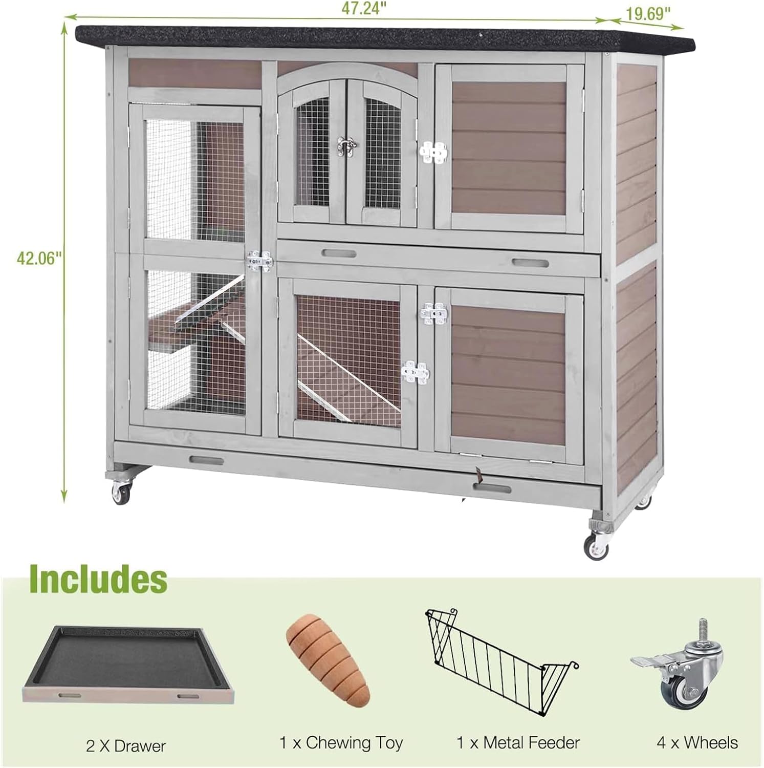 GUTINNEEN Rabbit Hutch Indoor Outdoor Bunny House Guinea Pig Cage on Wheel with Plastic Tray
