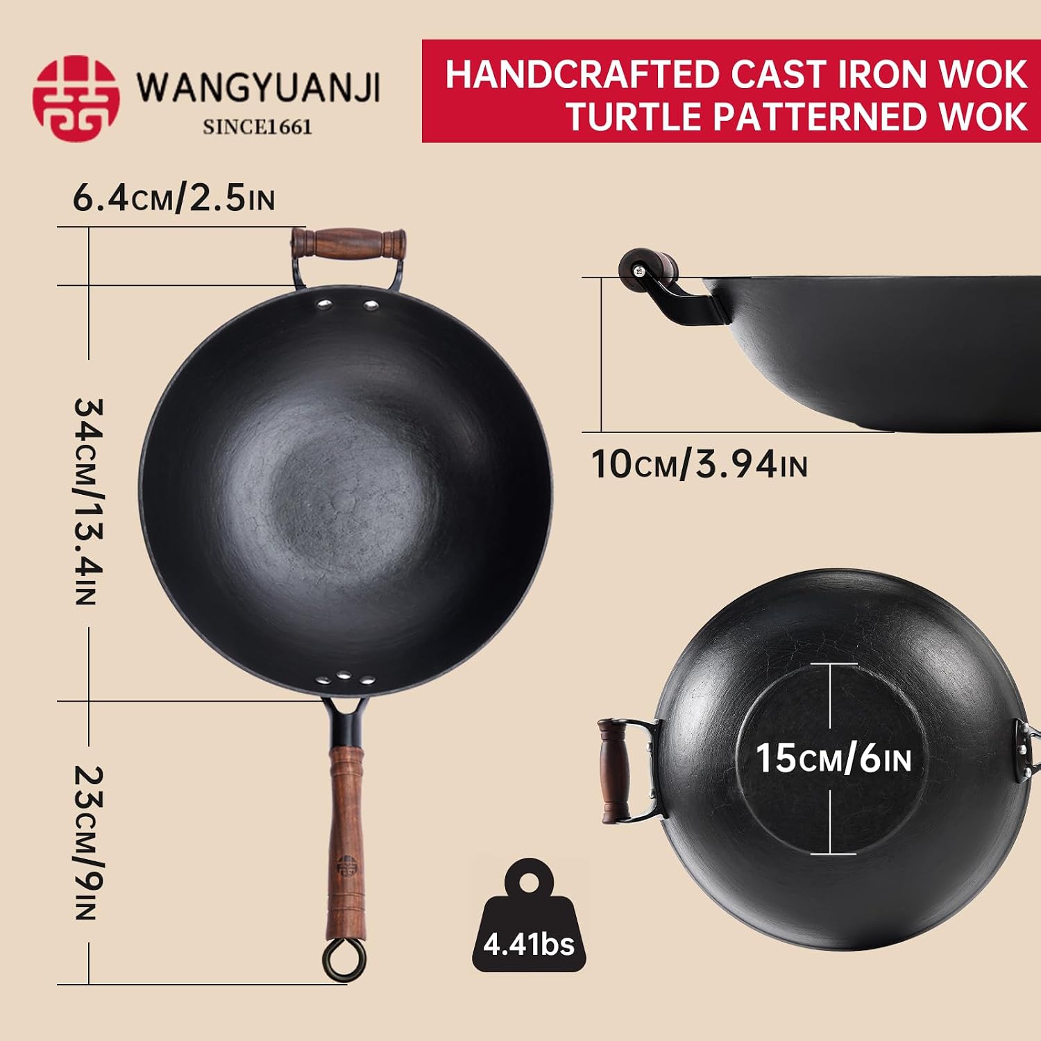WANGYUANJI 12.6 Inch Cast Iron Wok with Wooden Lid, Handcrafted Flat Bottom Chinese Stir Fry Pan, Uncoated Heavy-Duty Iron Wok for Induction, Gas
