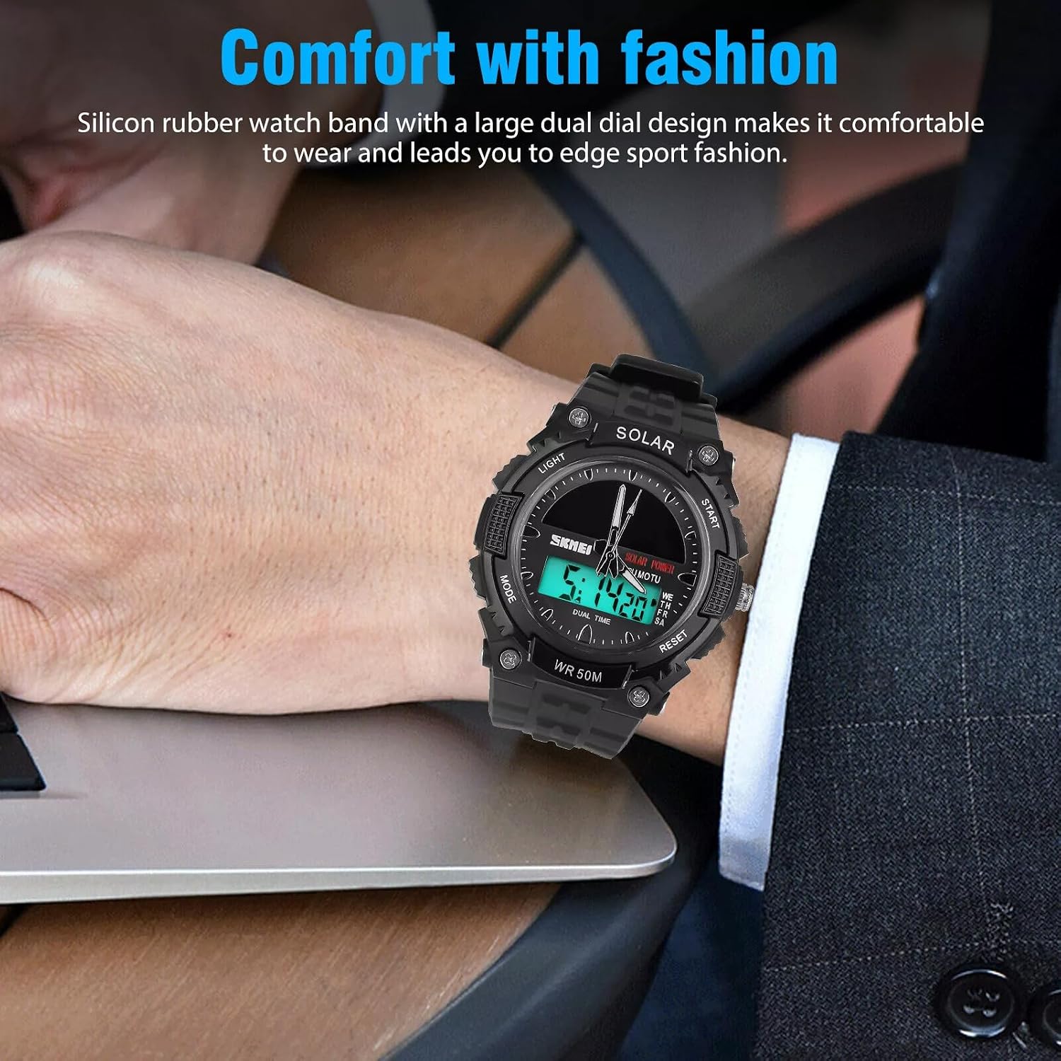 MASTOP Solar Powered Energy Watch for Men Military Digital Multifunctional Led Luminous Indication 2 Time Zone 50m Waterproof Watch Reloj Solar para Hombre