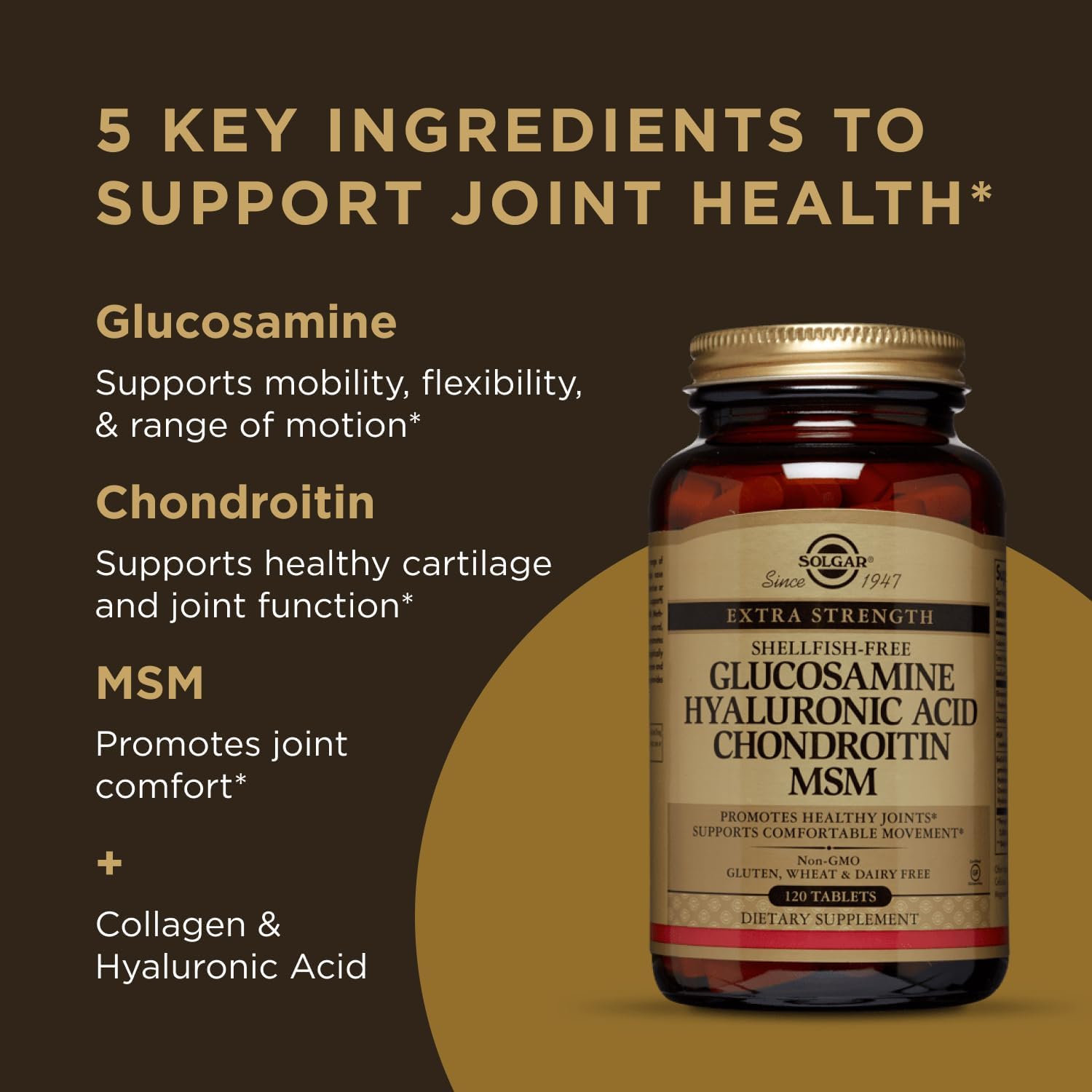 Solgar Glucosamine Hyaluronic Acid Chondroitin MSM, 60 Tablets | (Shellfish-Free), Joint Support & Comfort - Supports Active Lifestyles - Non-GMO, Gluten Free, Dairy Free - 20 Servings