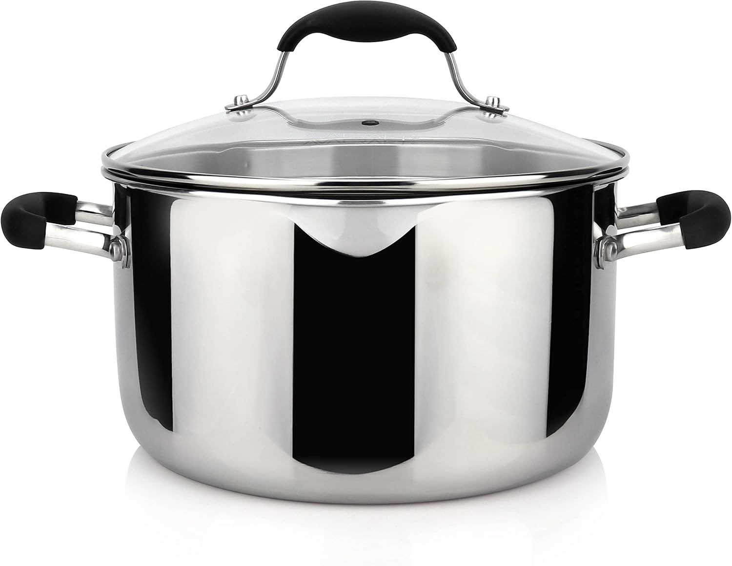 AVACRAFT 6 Quart Stainless Steel Stock Pot with Glass Strainer Lid | 5-Layer Capsule Base, Tempered Glass Strainer Lid, Drip-Free Pour Spouts, Induction Compatible, Dishwasher Safe
