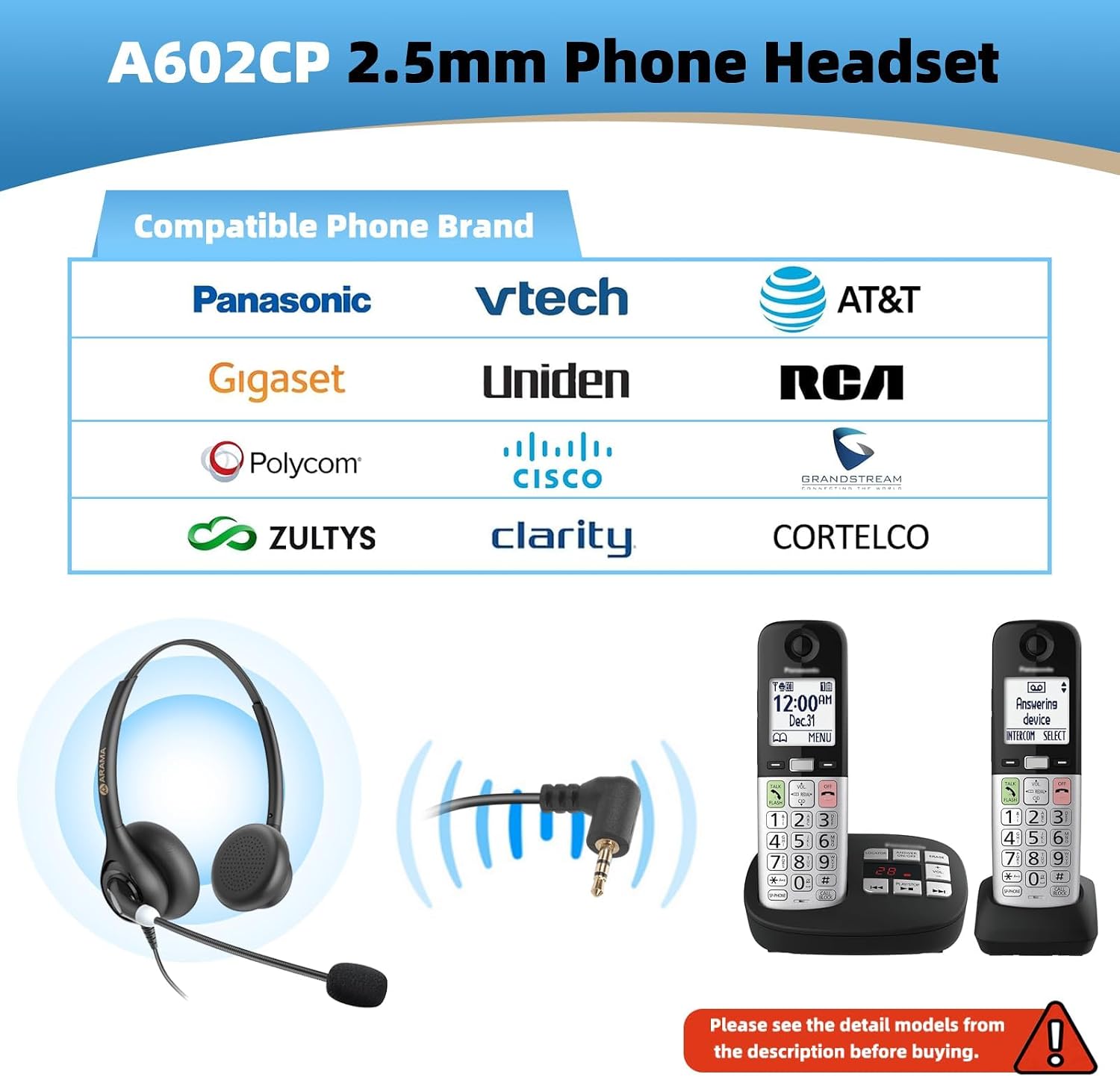 Arama Cordless Phone Headset with Microphone, 2.5mm Jack Telephone Headset for Office Landline, Noise-Cancelling Mic & Volume Control, Wired Headphones Compatible with Panasonic AT&T Vtech Uniden