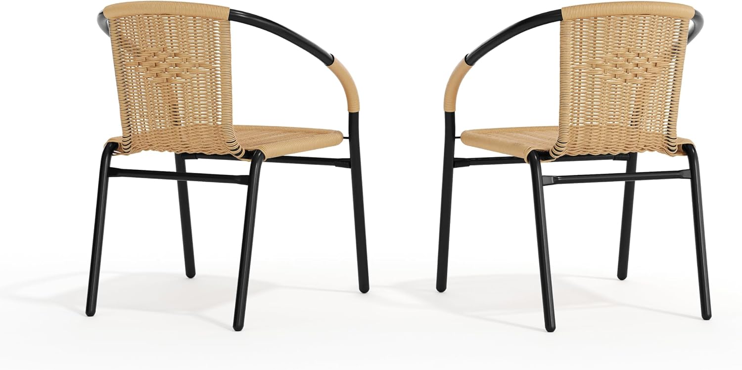 Flash Furniture Lila Modern Rattan Indoor/Outdoor Stackable Dining Chairs, Stacking Rattan Bistro Chairs for Patio or Restaurant, Set of 4, Brown | Commercial Grade, Indoor/Outdoor Use